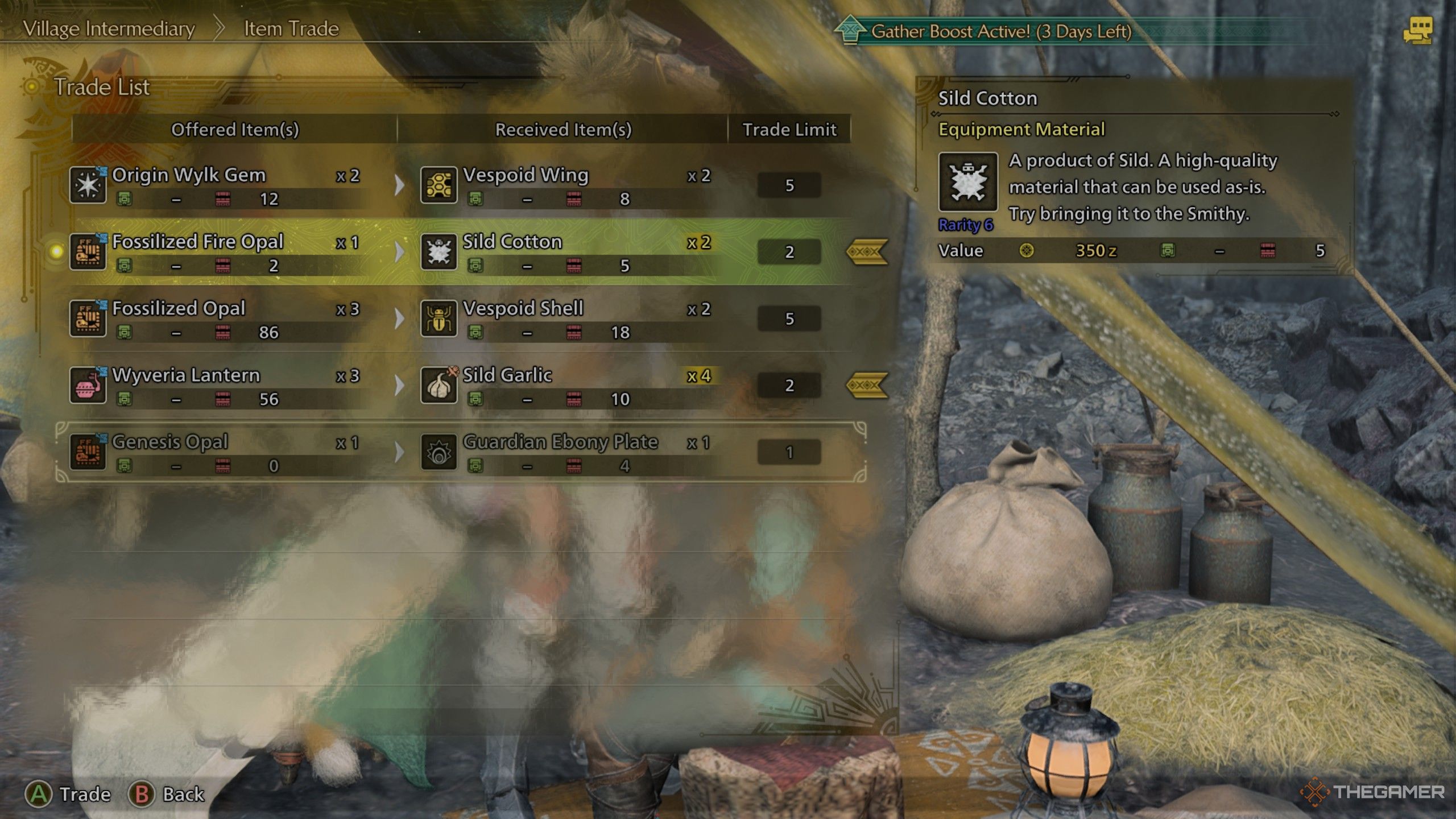 مواردی که در تجارت با جمع آوری فعال در Monster Hunter Wilds وجود دارد.