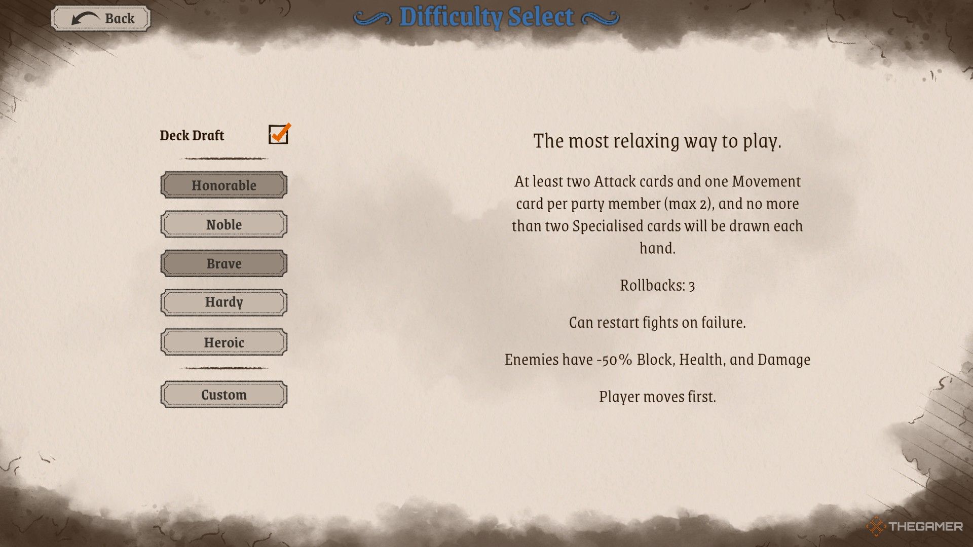 the difficulty selection screen in knights in tight spaces, with the draft deck option checked.