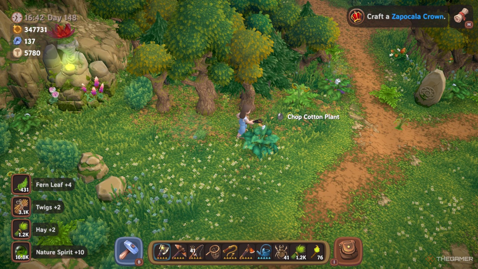 Player character chopping grass and a Cotton Plant to obtain Nature Spirits in Luma Island.