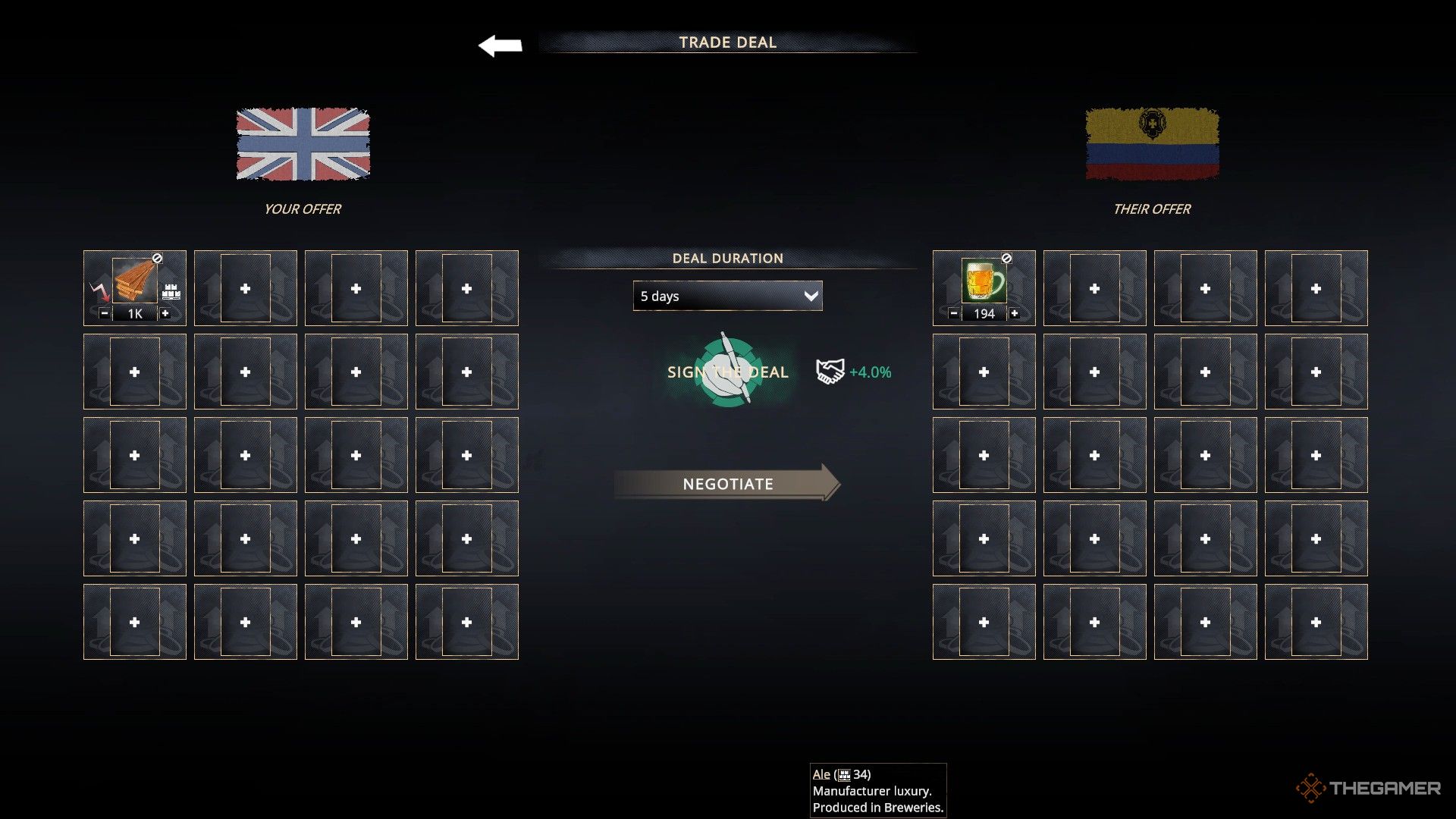 the player exchanges lumber for ale in a trade deal in kaiserpunk.