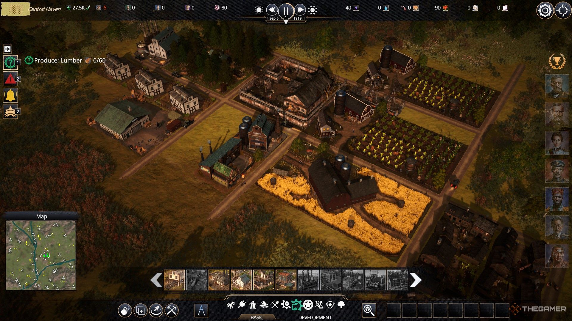 a starting build with all the essentials, including multiple lumberyards and farms, in kaiserpunk.