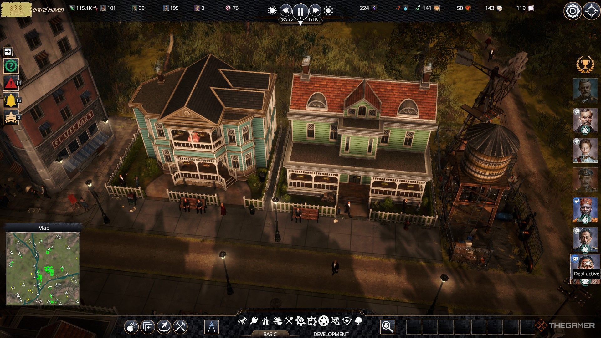 two technician houses with a water pump and windmill next door in kaiserpunk.