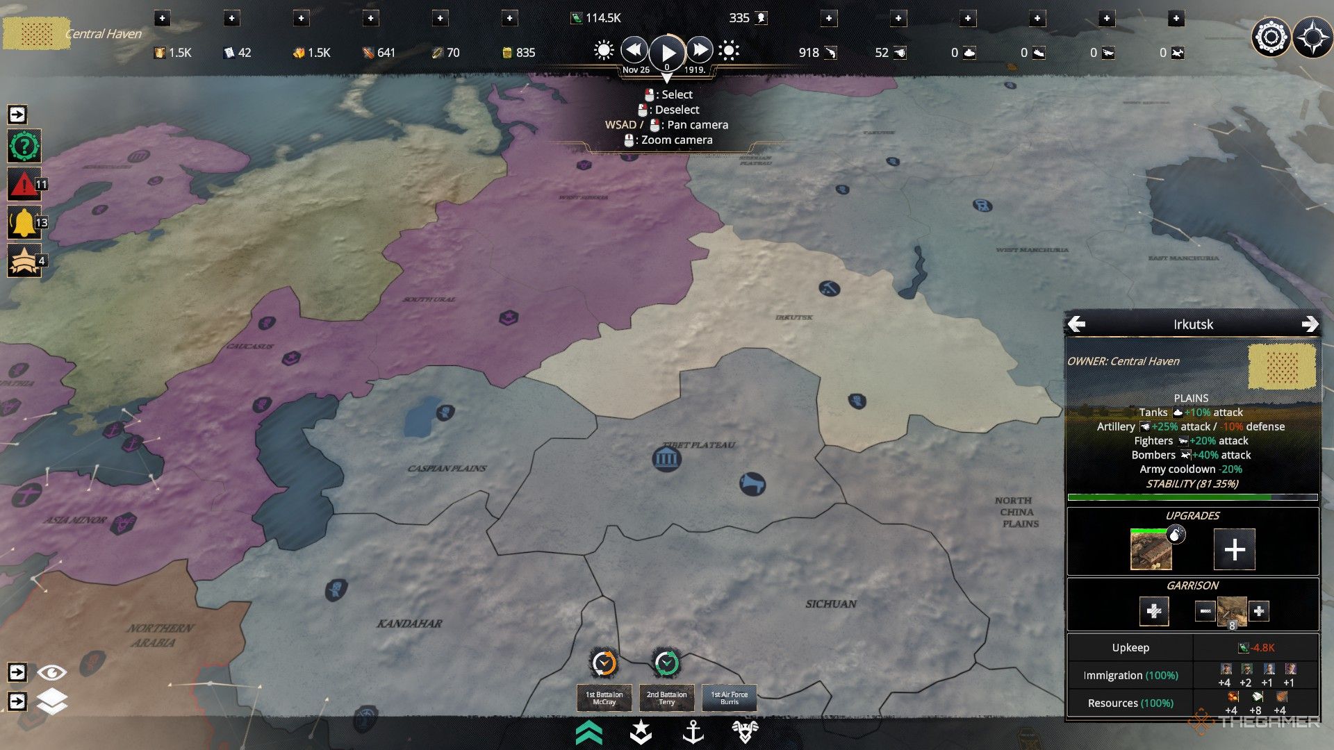 the world map in kaiserpunk, with the irkutsk region highlighted and a factory complex built.