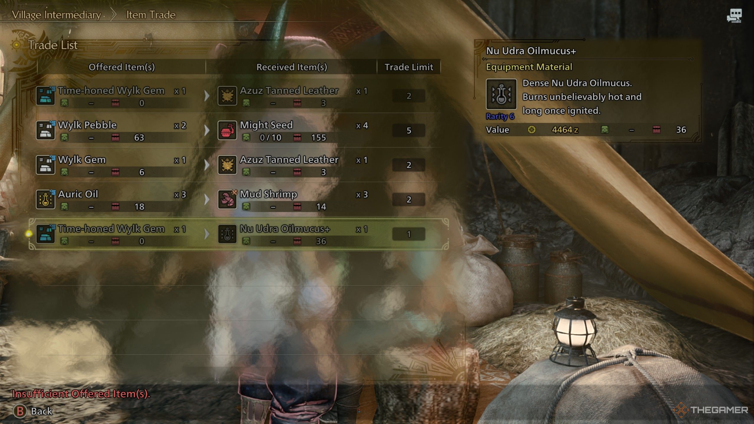Trading a time-honed wylk gem for nu udra oilmucus in monster hunter wilds.