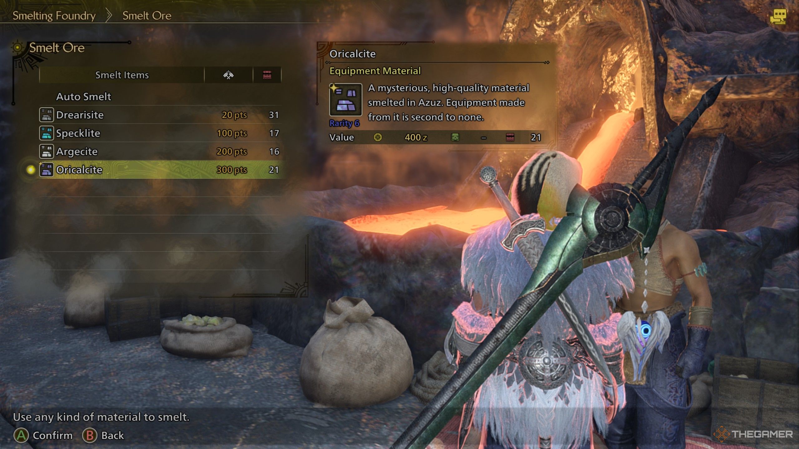 Smelting oricalcite in monster hunter wilds.