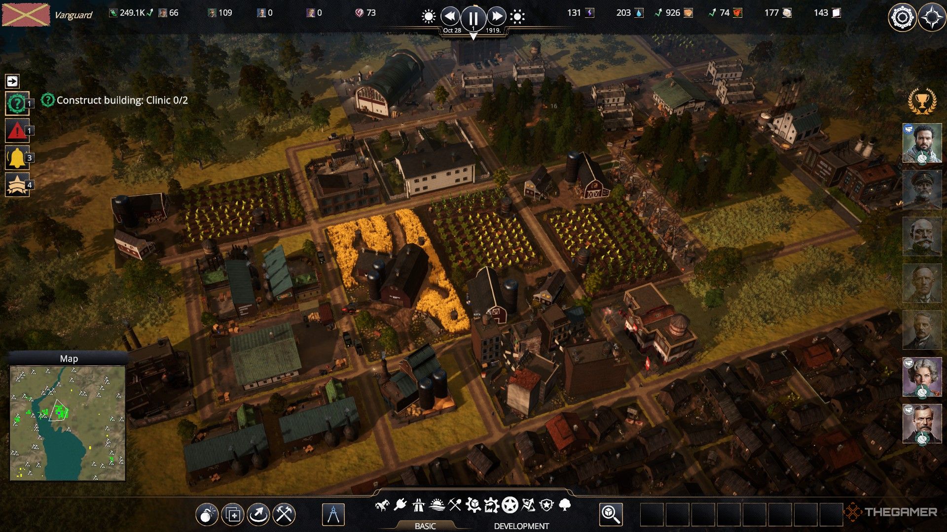 farms and forestry buildings are clustered around a town center in kaiserpunk.