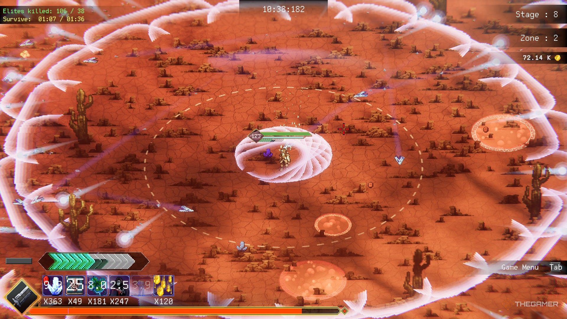 Spelaren i Rogue Genesia använder den aktiva talangen för Cleaver -vapnet för att svänga i alla riktningar. 