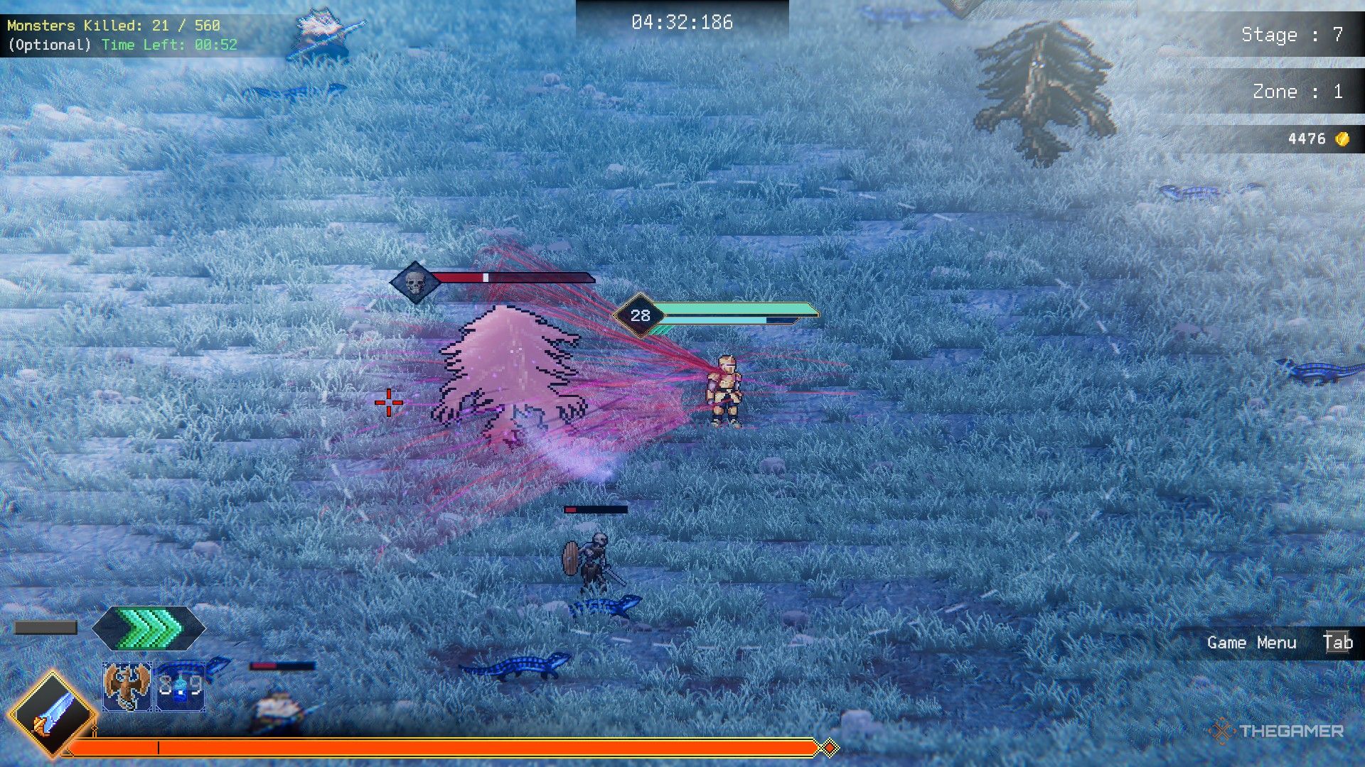 Spelaren i Rogue Genesia använder Crystal Sword och Blood Syphoon för att besegra en elitfiende. 