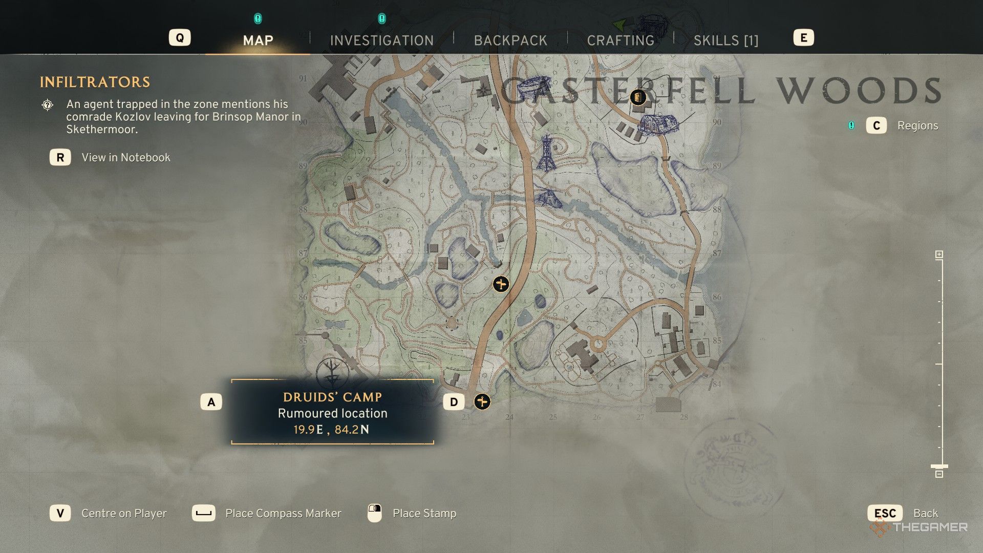 the map of casterfell woods in atomfall, with the druids' camp in the southwest highlighted.