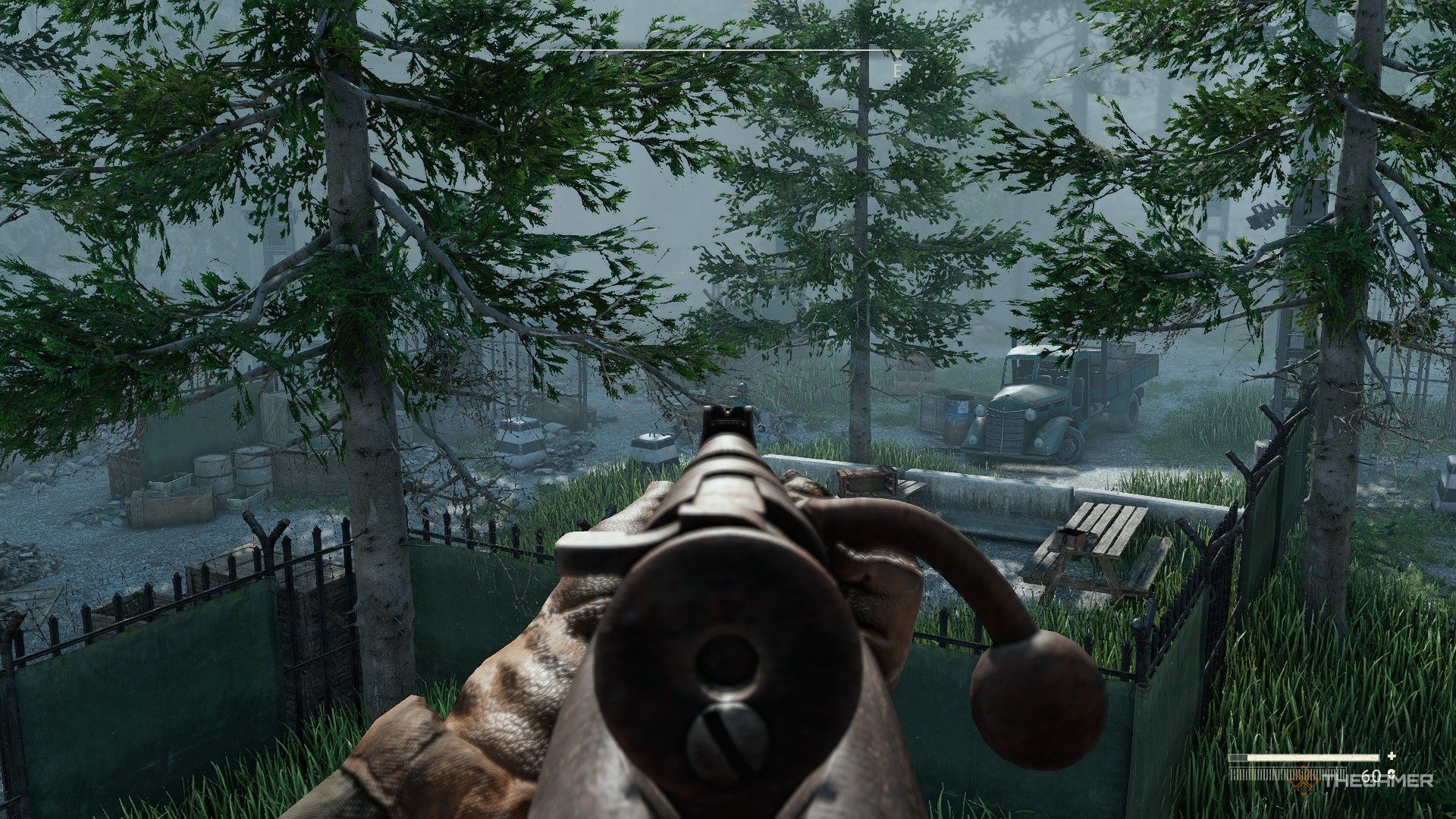 the player aims at a distant Feral with a rifle in atomfall.
