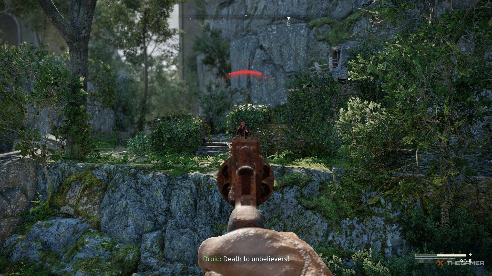 the player aims a revolver at a hostile druid in atomfall.