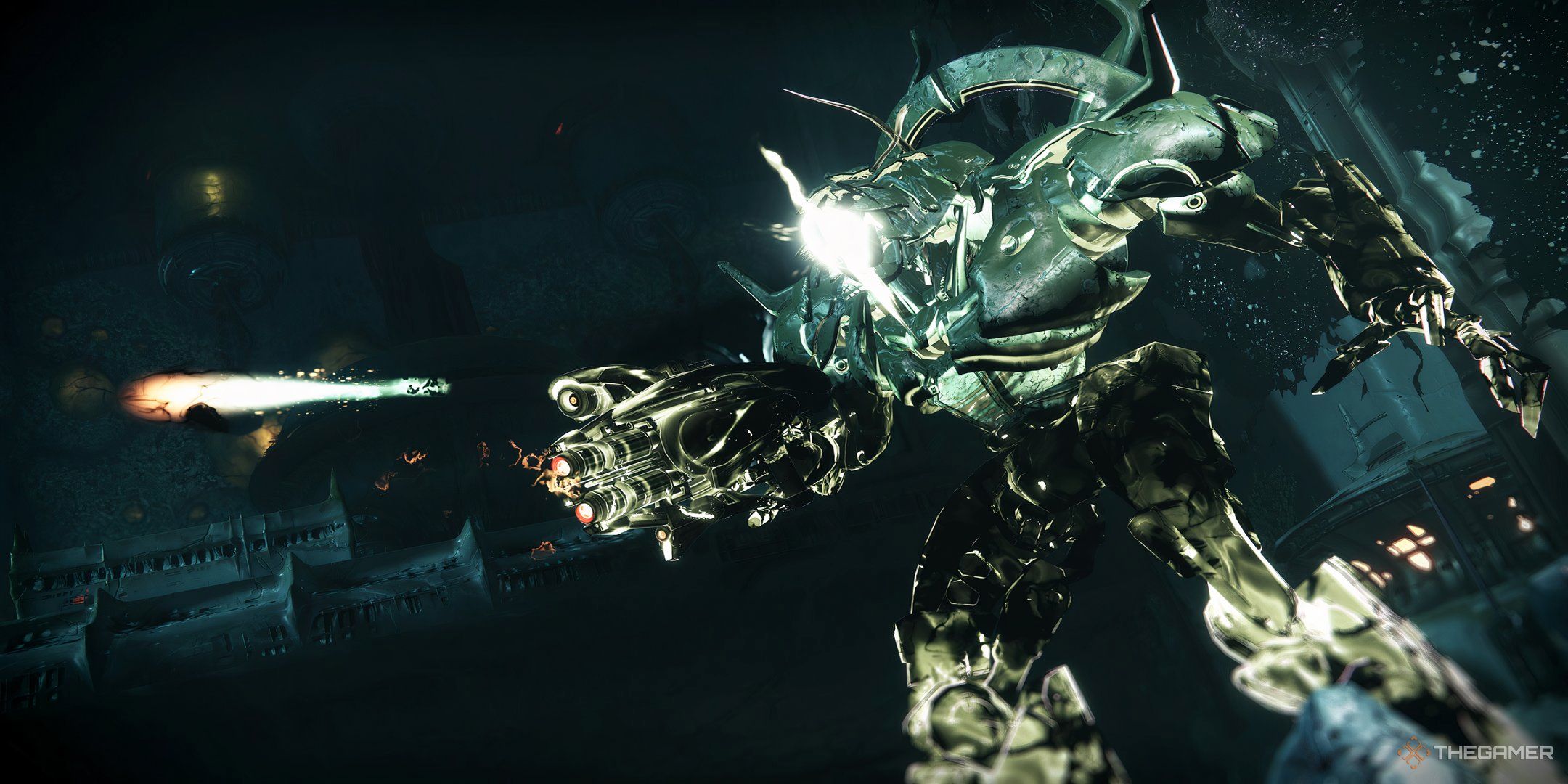 A Taken Vex Minotaur firing at Guardians aboard the Dreadnaught in Destiny 2: Heresy.
