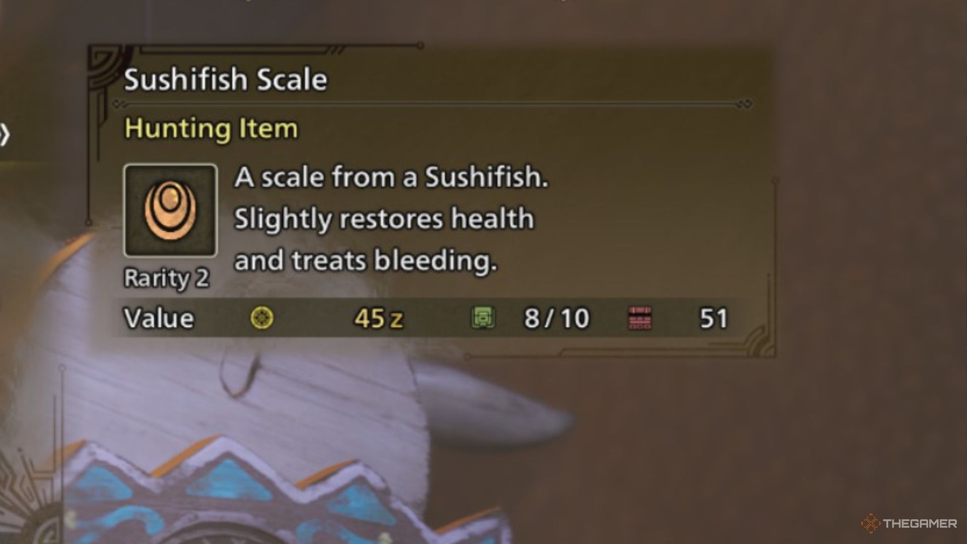 The image shows the description of the Sushifish Scale in Monster Hunter Wilds.