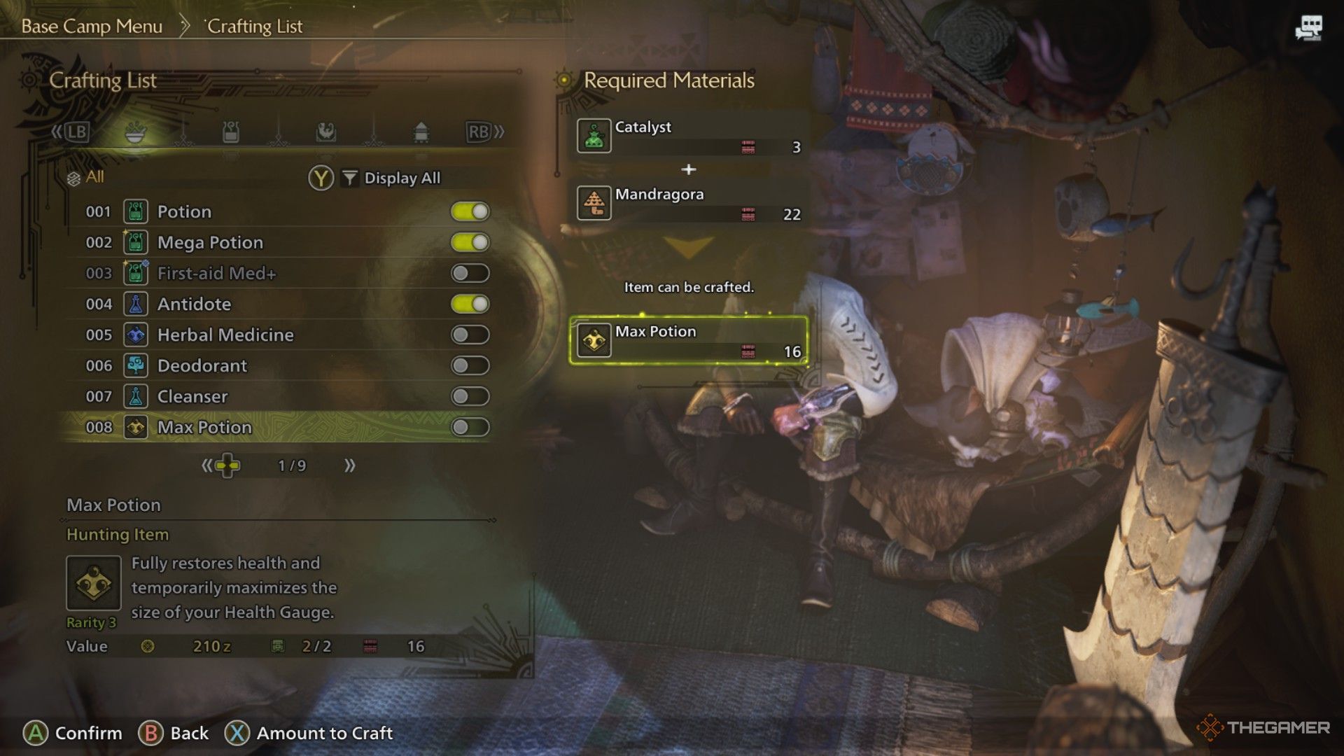 این تصویر دستور تهیه یک معجون حداکثر در Monster Hunter Wilds را نشان می دهد.