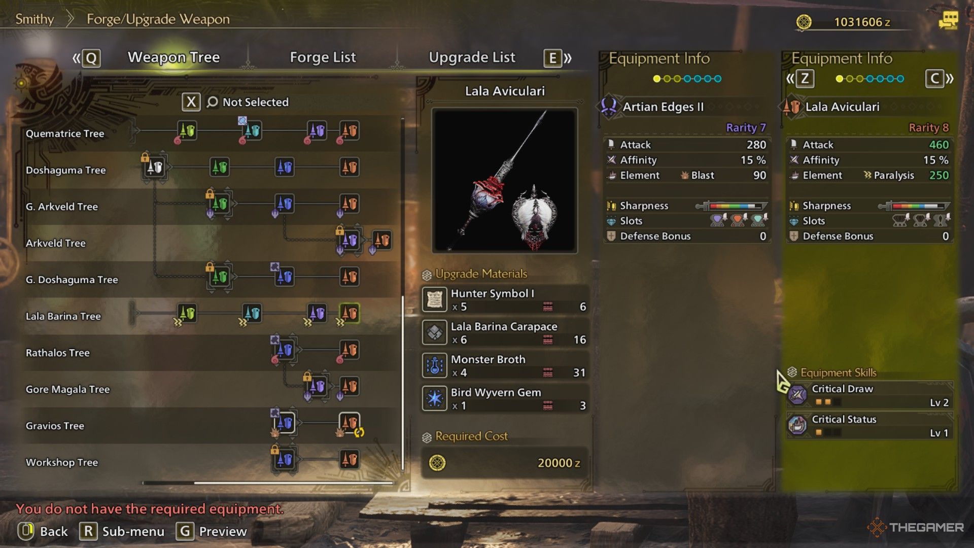 The image shows the Lala Aviculari from the Smithy&rsquo;s Forge Menu in Monster Hunter Wilds.