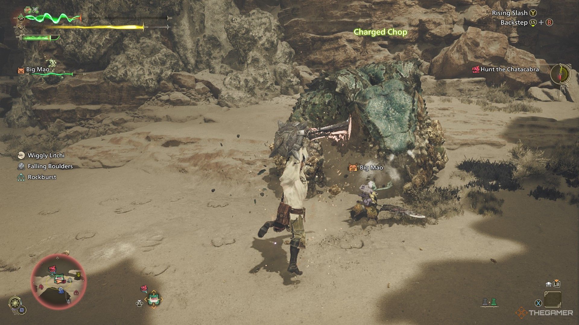 The image shows the Hunter using a charged attack with a Sword and Shield in Monster Hunter Wilds.