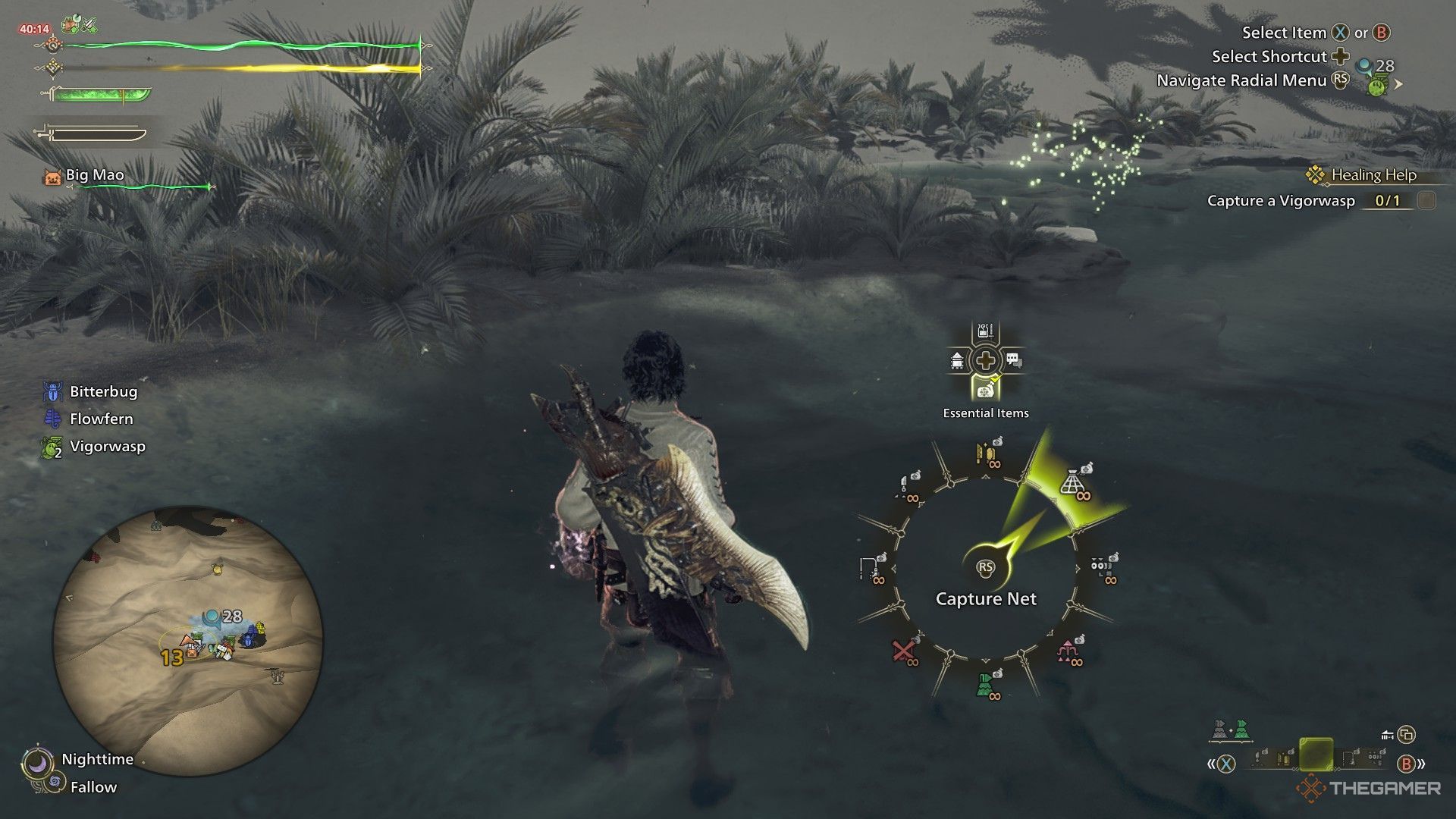 The image shows the Hunter equipping the Capture Net to catch a Vigorwasp in Monster Hunter Wilds.