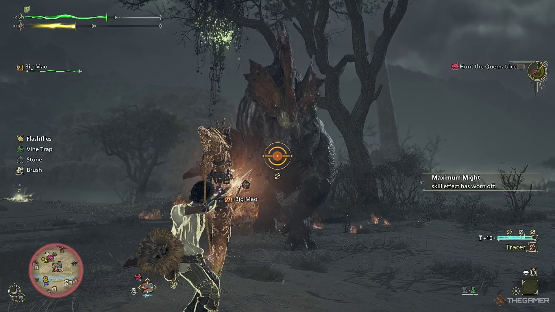 The image shows the Hunter aiming at a Quematrice with a Bow in Monster Hunter Wilds.