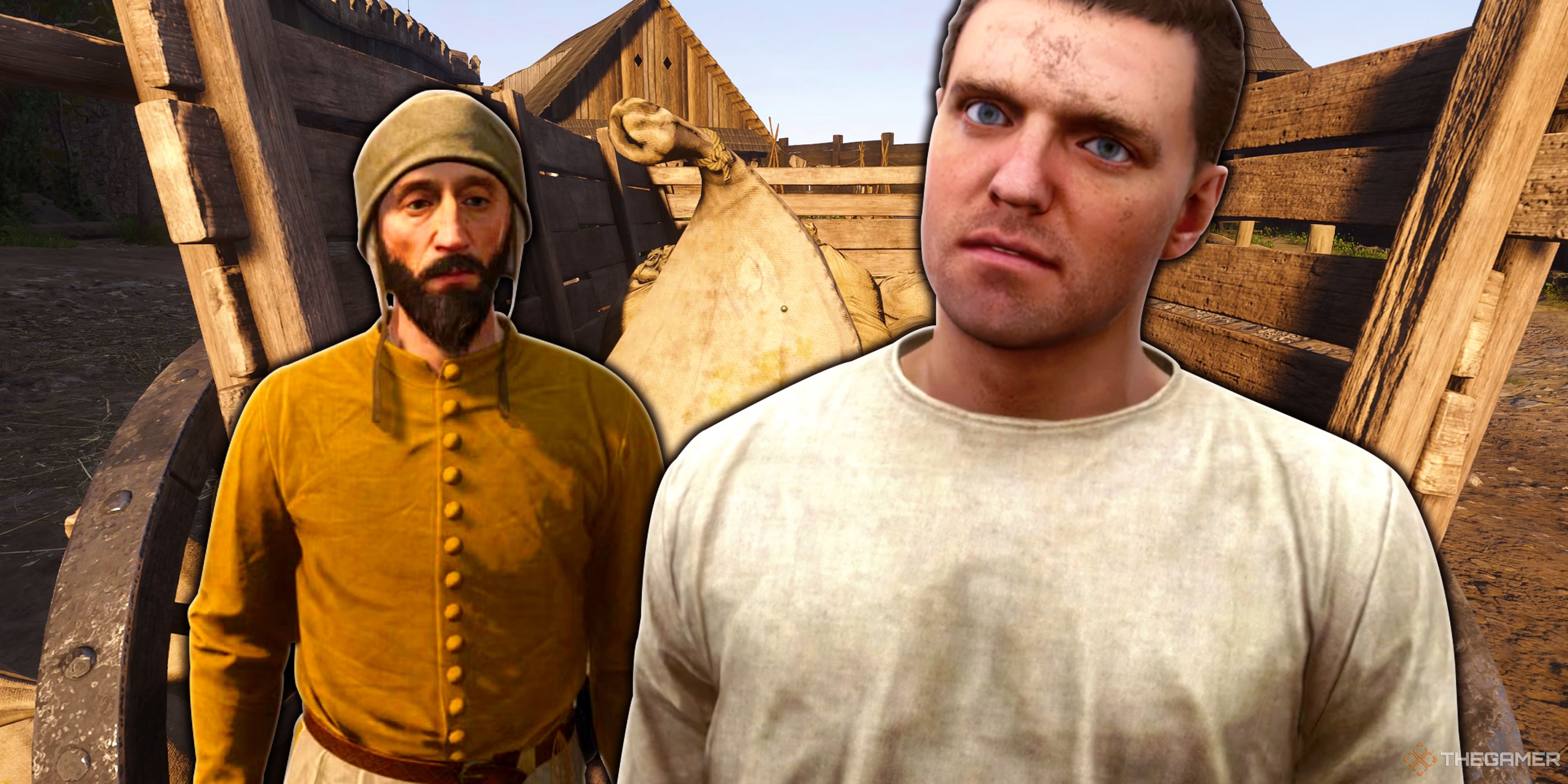 Henry from Kingdom Come: Deliverance 2, looks annoyed, with Miller Kreyzl and a cart full of sacks behind him.