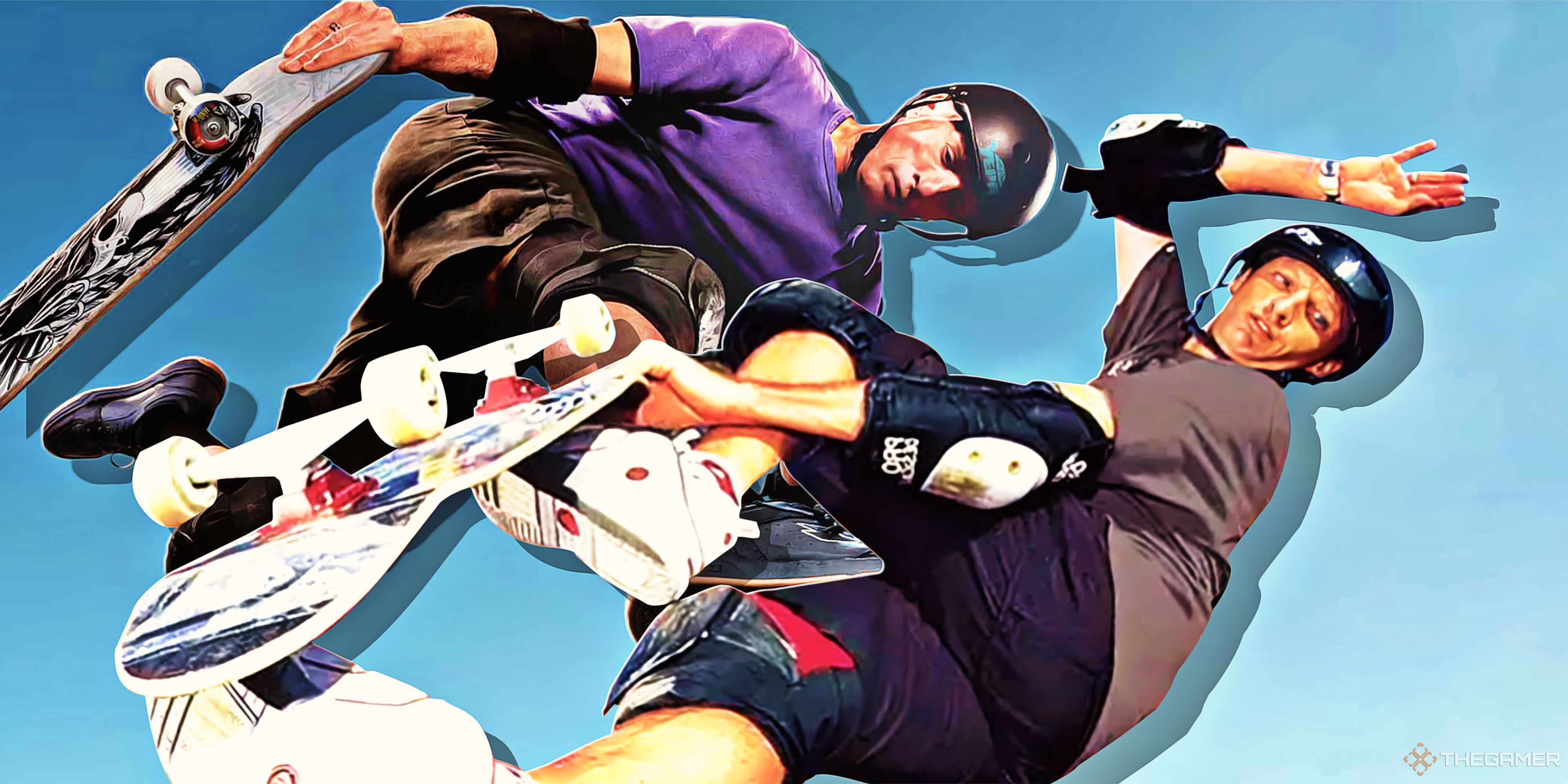 Split image with two Tony Hawks from the Tony Hawk's Pro Skater (THPS) series.