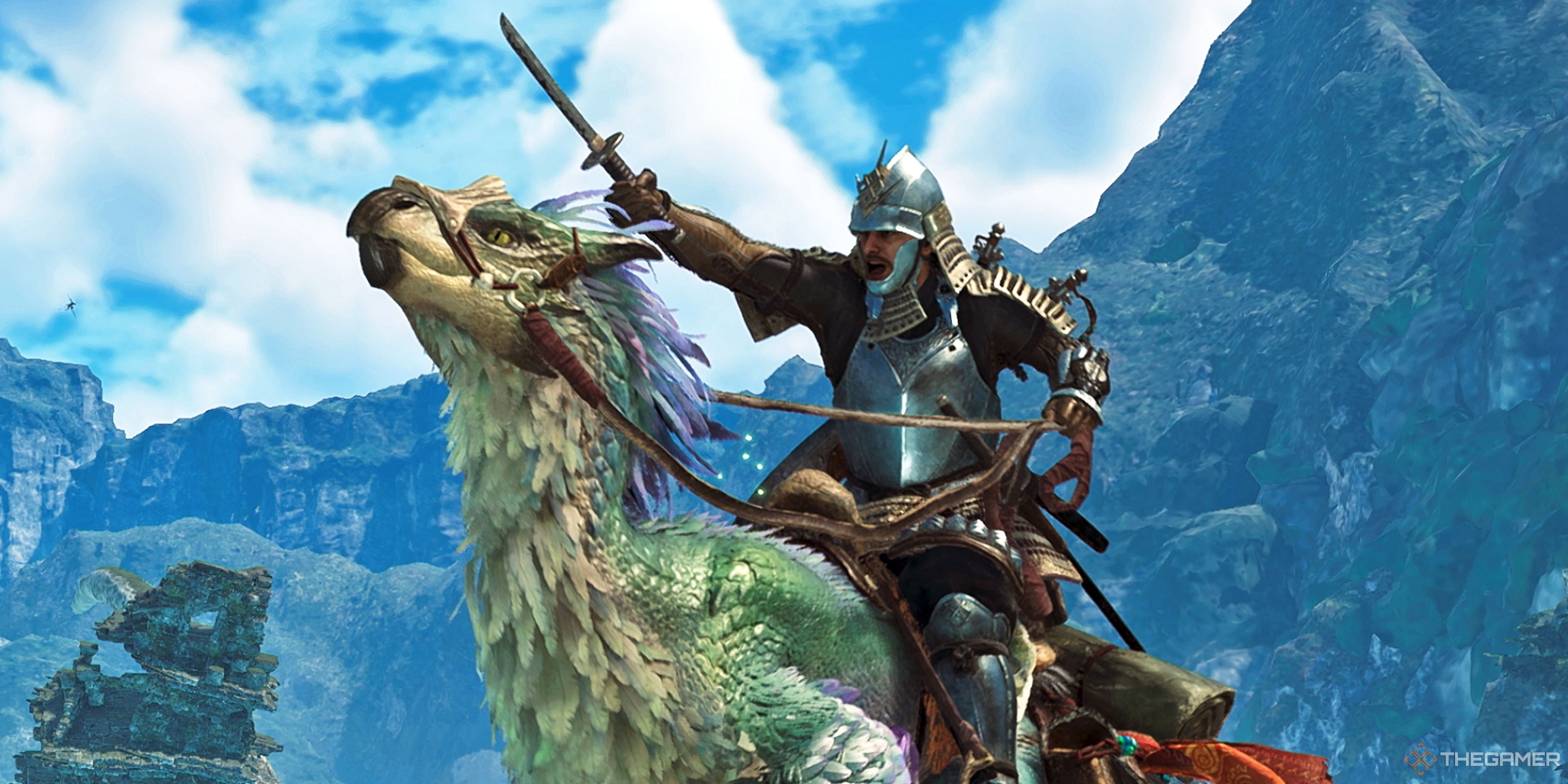 A player raising their sword as they ride a Seikret in Monster Hunter Wilds.