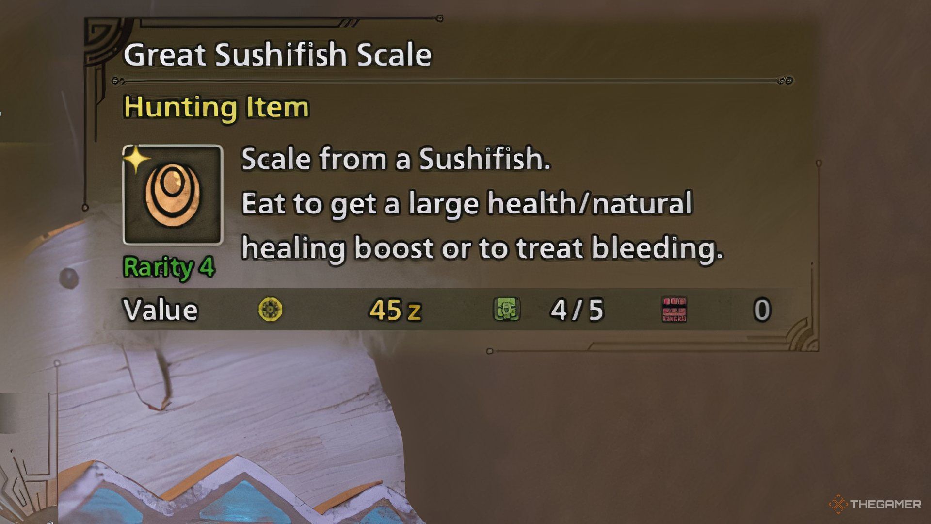 The image shows the description of the Great Sushifish Scale in Monster Hunter Wilds.