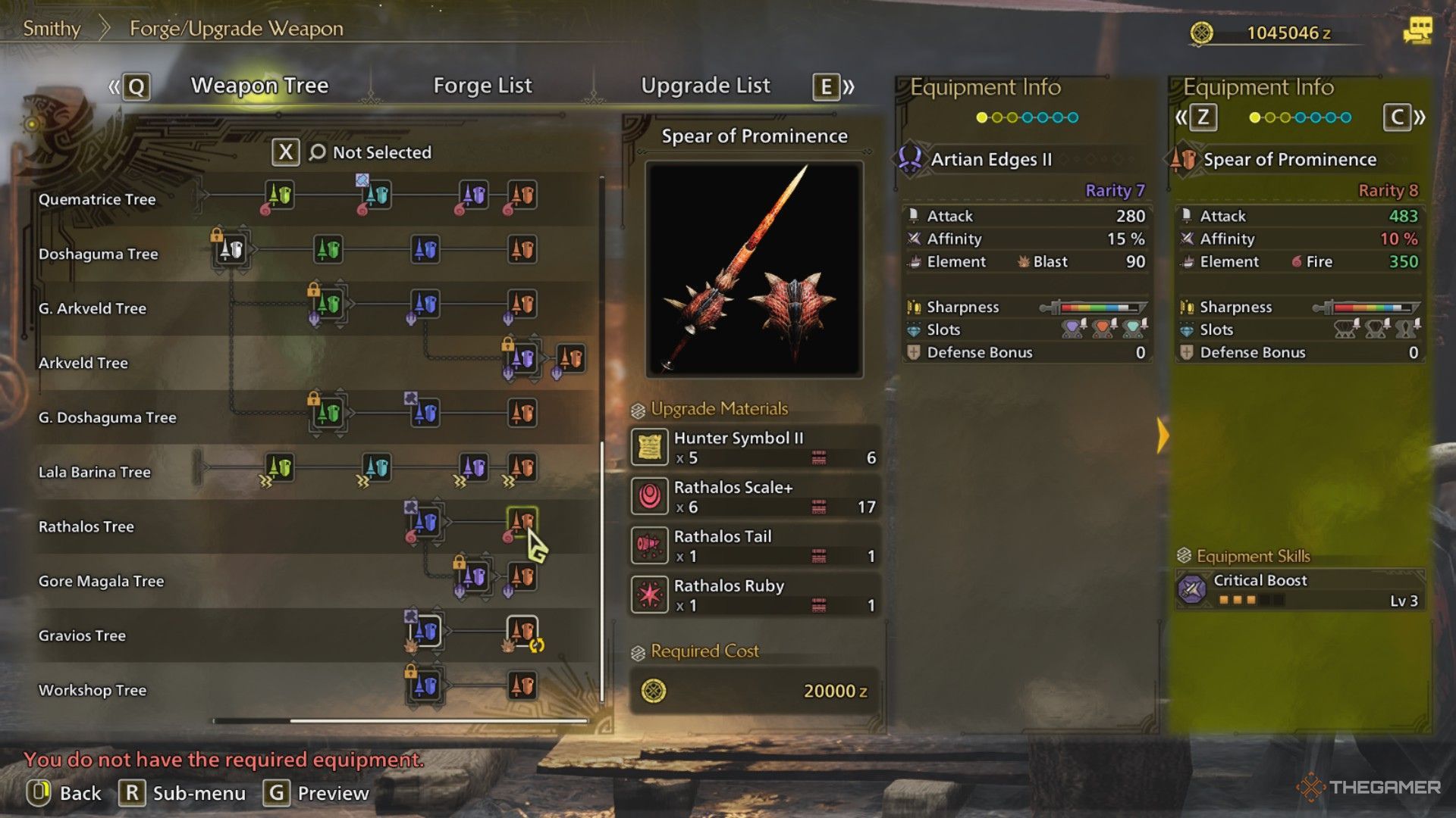 The image shows the Spear of Prominence from the Smithy&rsquo;s Forge Menu in Monster Hunter Wilds.