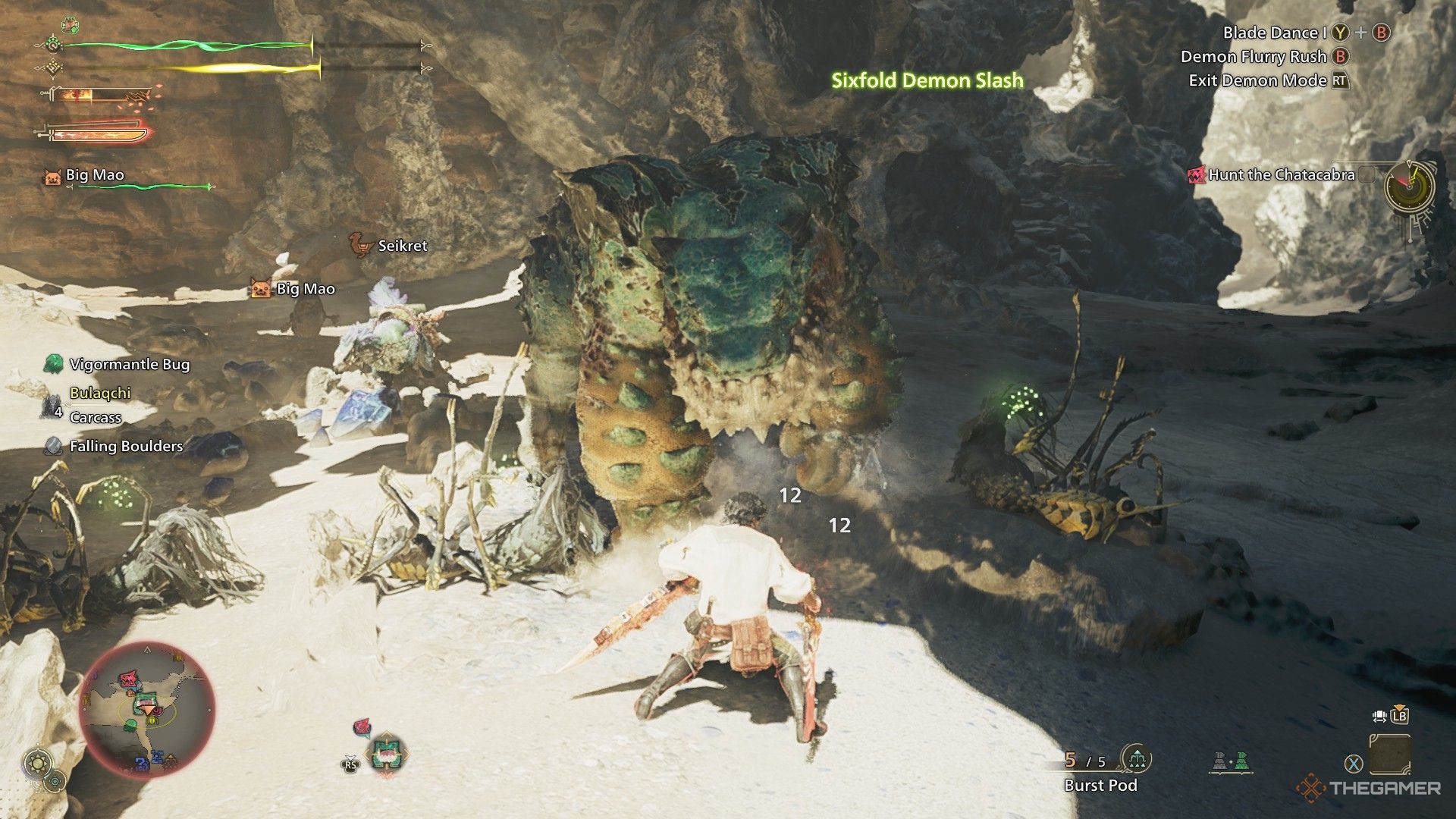 The image shows the Hunter using Dual Blades to fight against a Chatacabra in Monster Hunter Wilds.