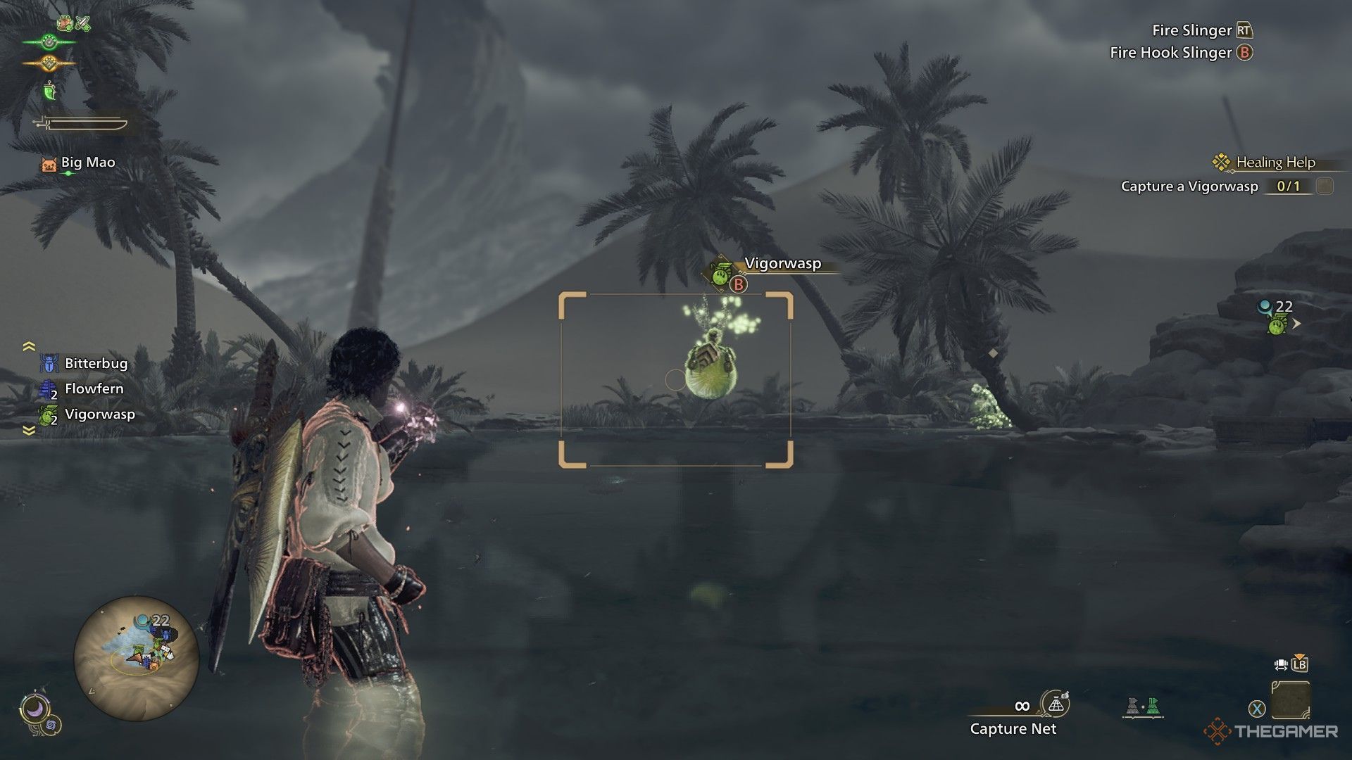 The image shows the Hunter aiming the Capture Net at a Vigorwasp in Monster Hunter Wilds.