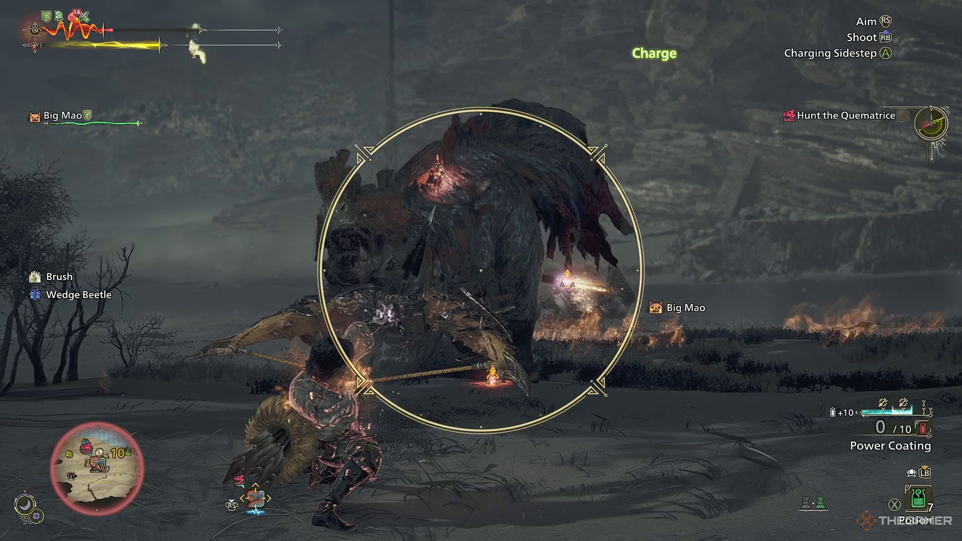 The image shows the Hunter using the Focus Fire: Hailstorm attack on a Quematrice in Monster Hunter Wilds.