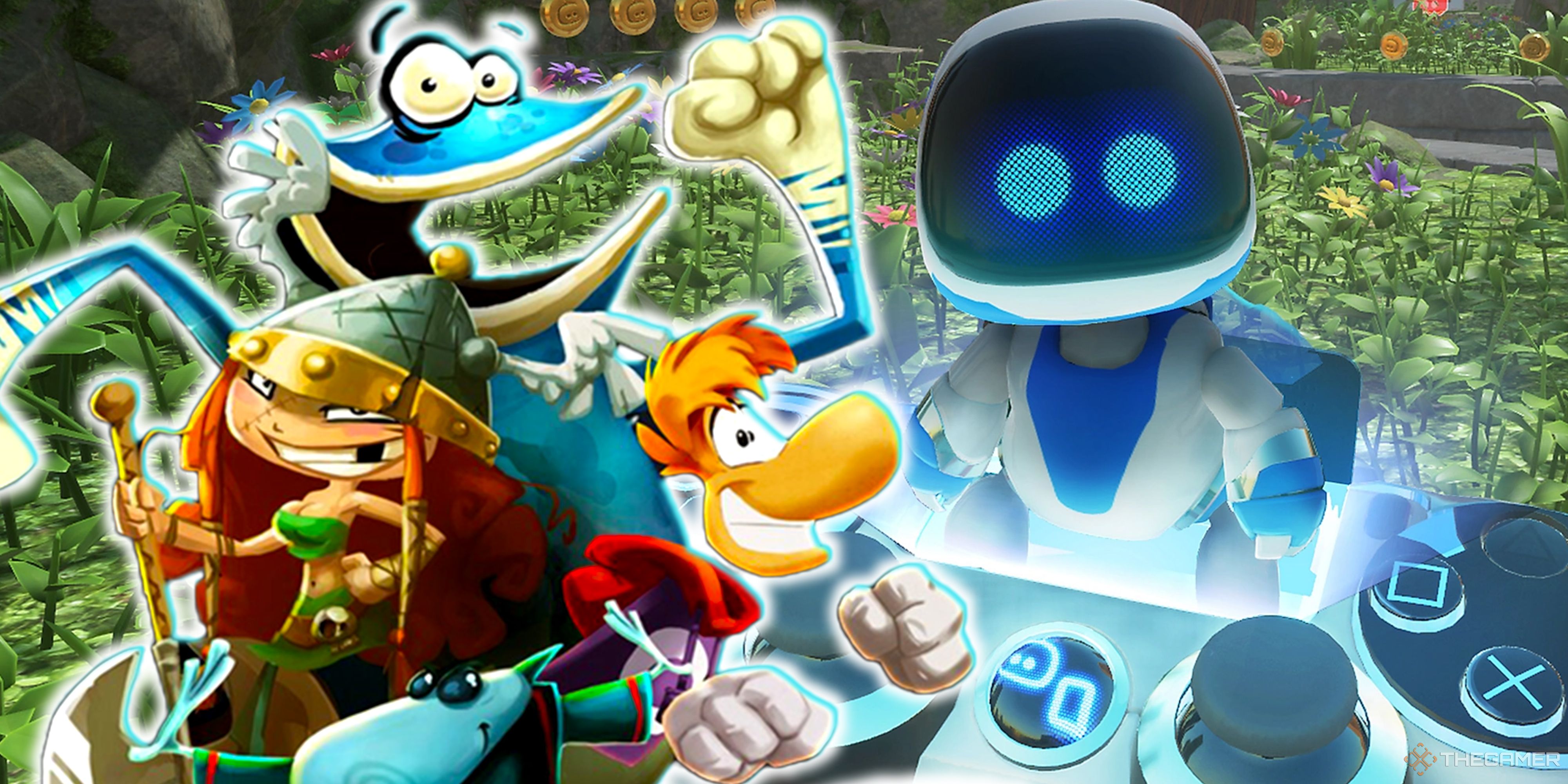 Collage image with characters from Rayman Legends and Astro Bot.