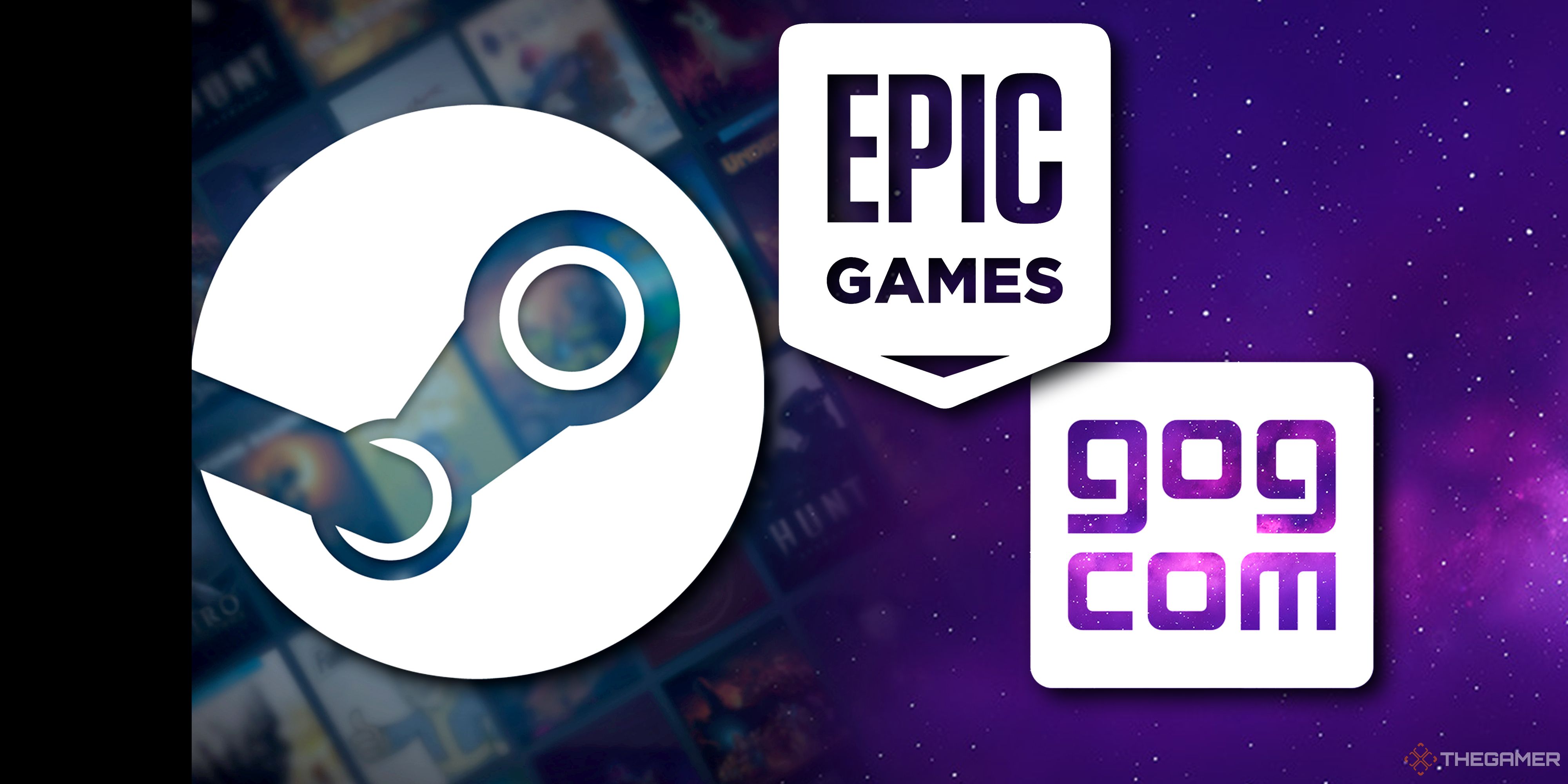 Collage image with the Steam, Epic, and GOG logos.