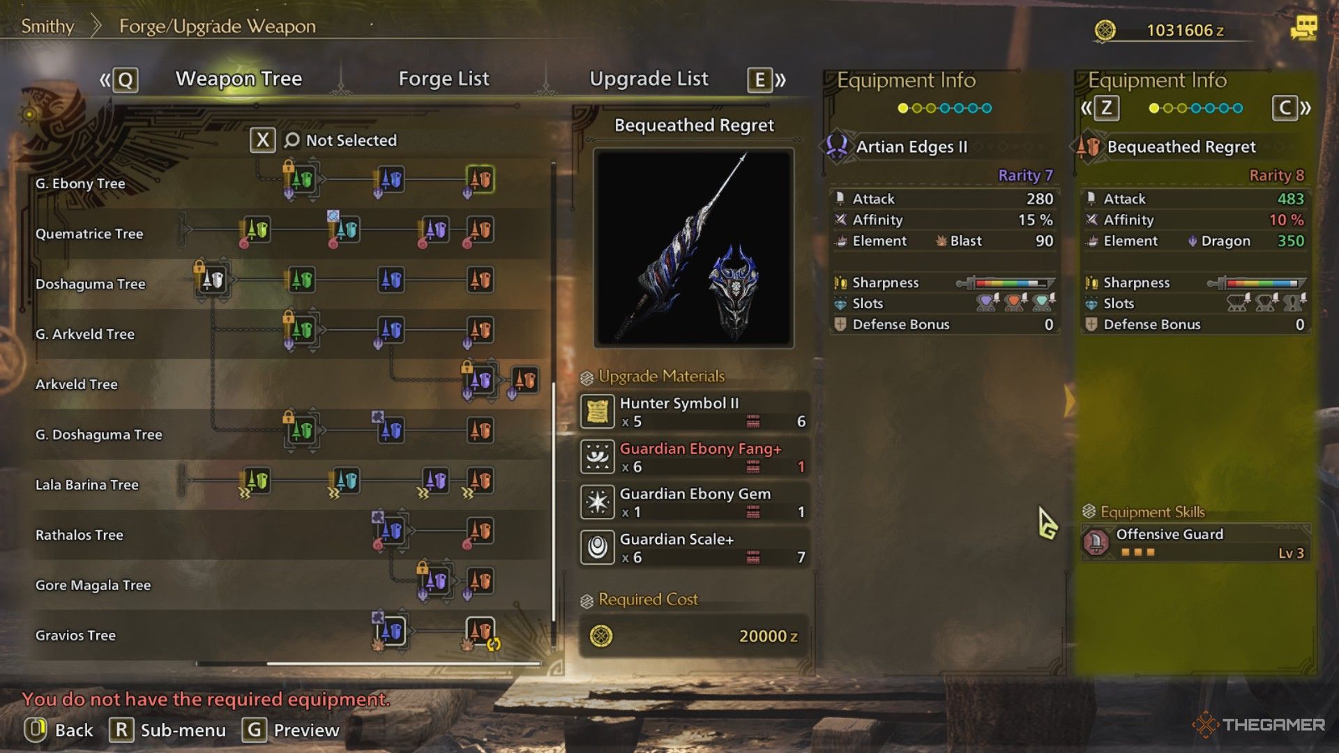 The image shows the Bequeathed Regret from the Smithy&rsquo;s Forge Menu in Monster Hunter Wilds.