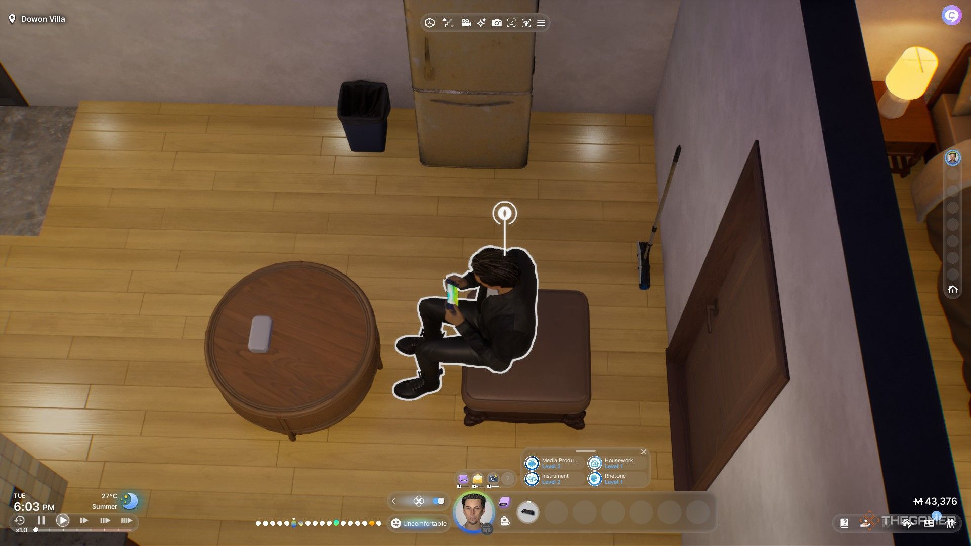 The image shows a Zoi playing on a handheld console in InZoi.