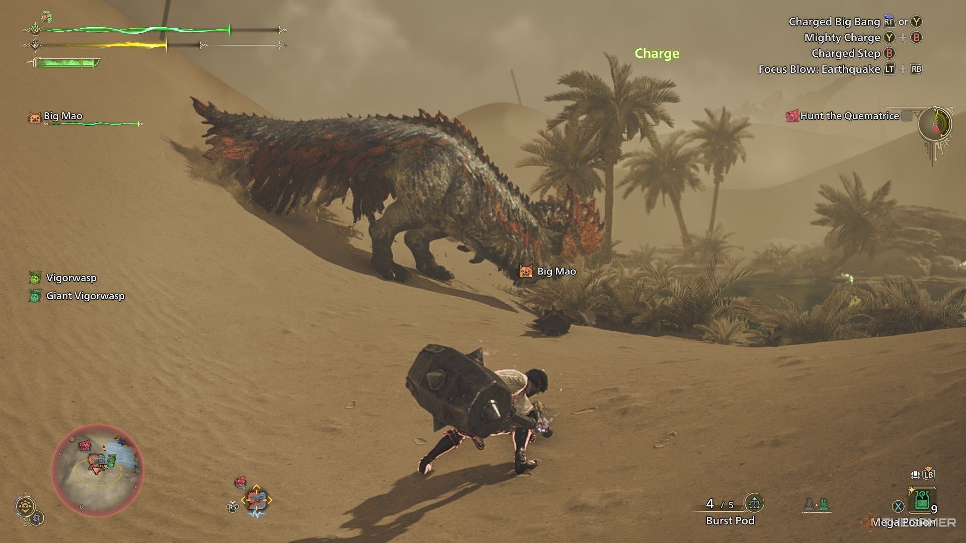 The image shows the Hunter using a Charged Attack with a Hammer in Monster Hunter Wilds.