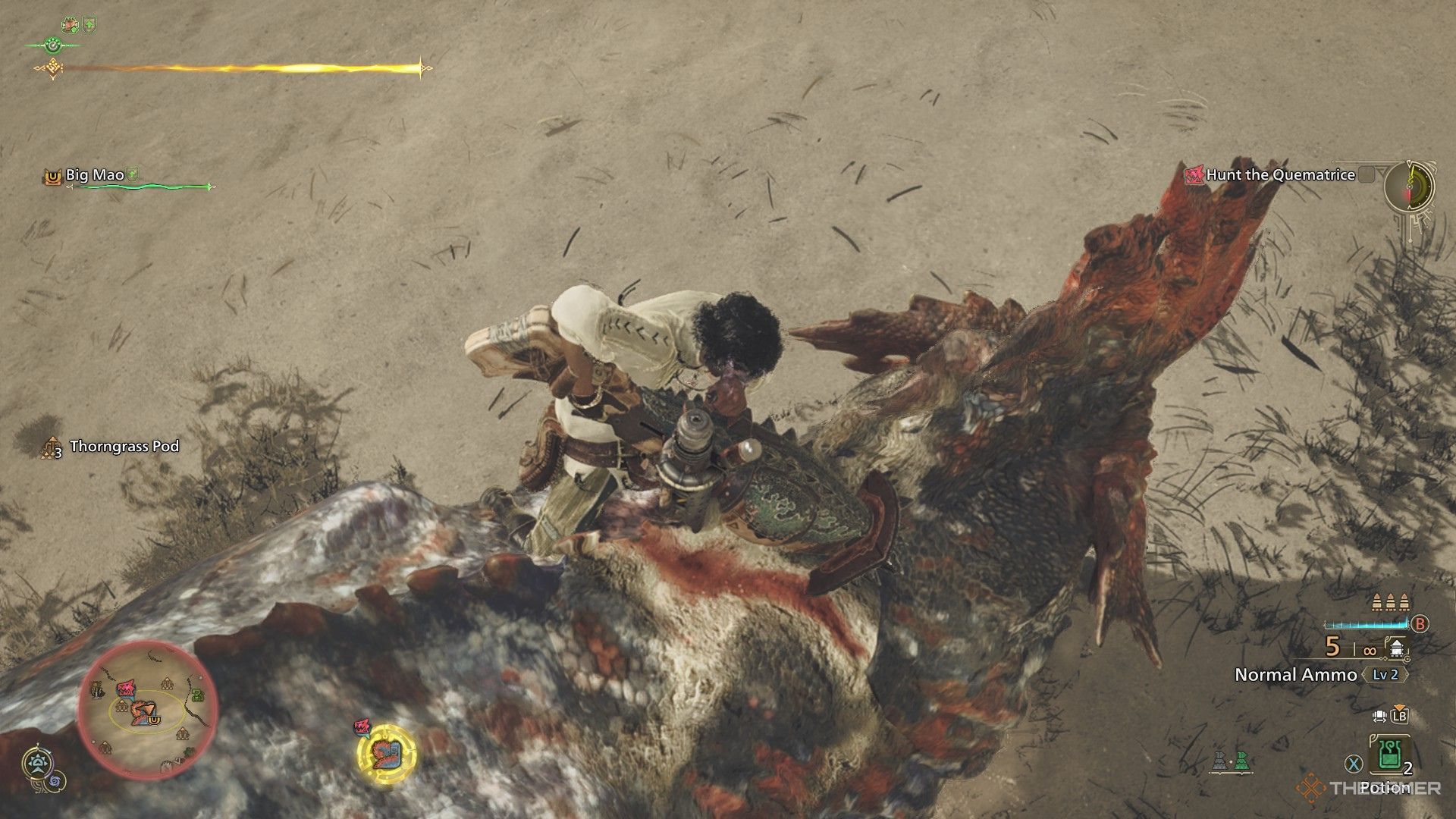 The image shows the Hunter destroying the Wound on a Quematrice's back with a Heavy Bowgun in Monster Hunter Wilds.