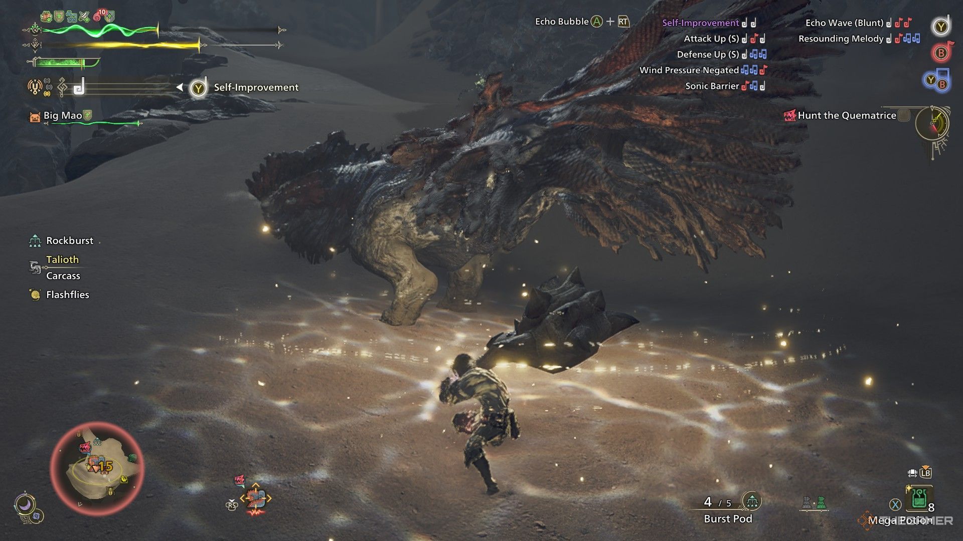 The image shows the Hunter casting the Hunting Horn's Echo Bubble while fighting against a Quematrice in Monster Hunter Wilds.