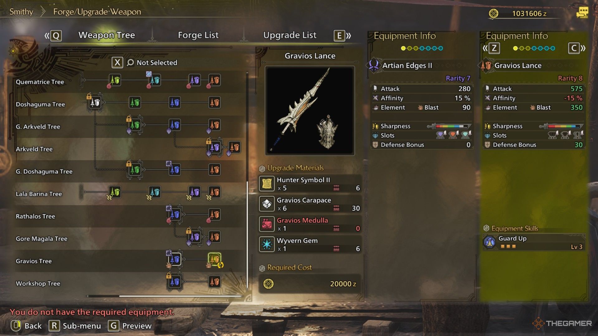 The image shows the Gravios Lance from the Smithy&rsquo;s Forge Menu in Monster Hunter Wilds.