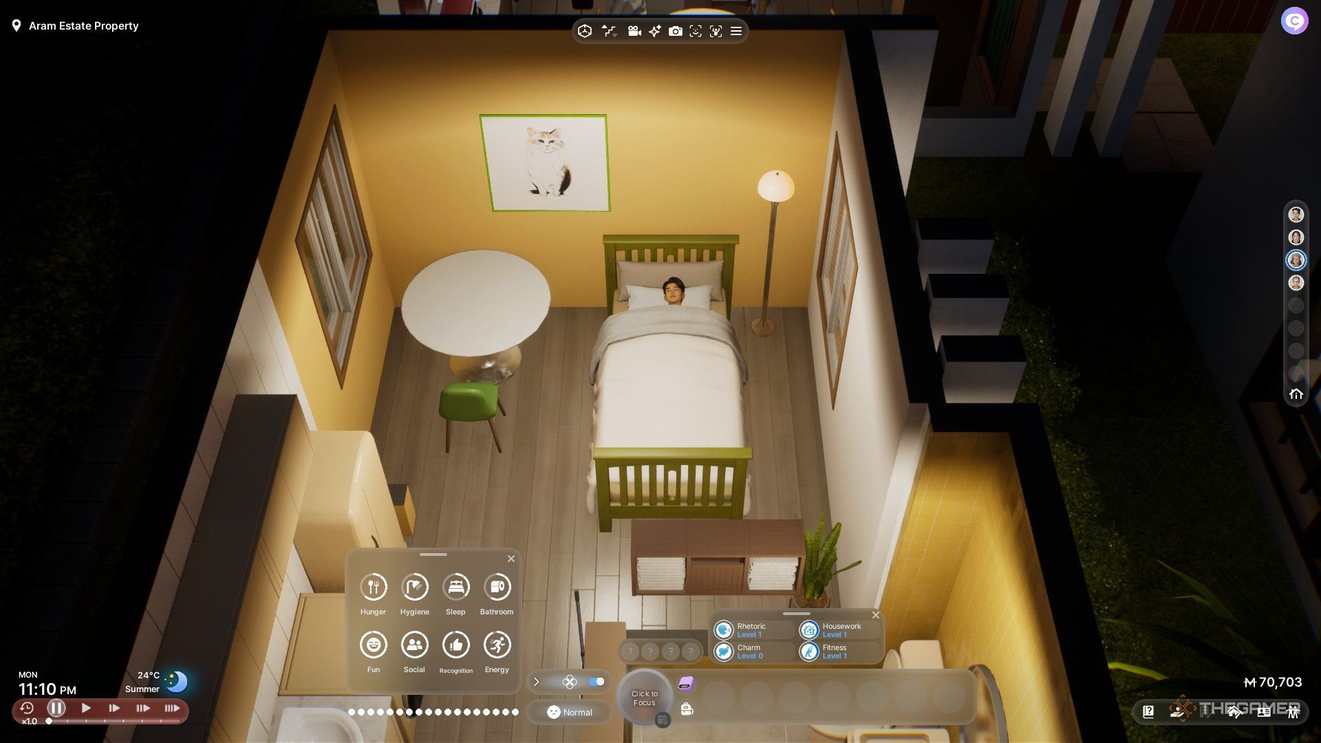 The image shows a Zoi sleeping in bed in InZoi.