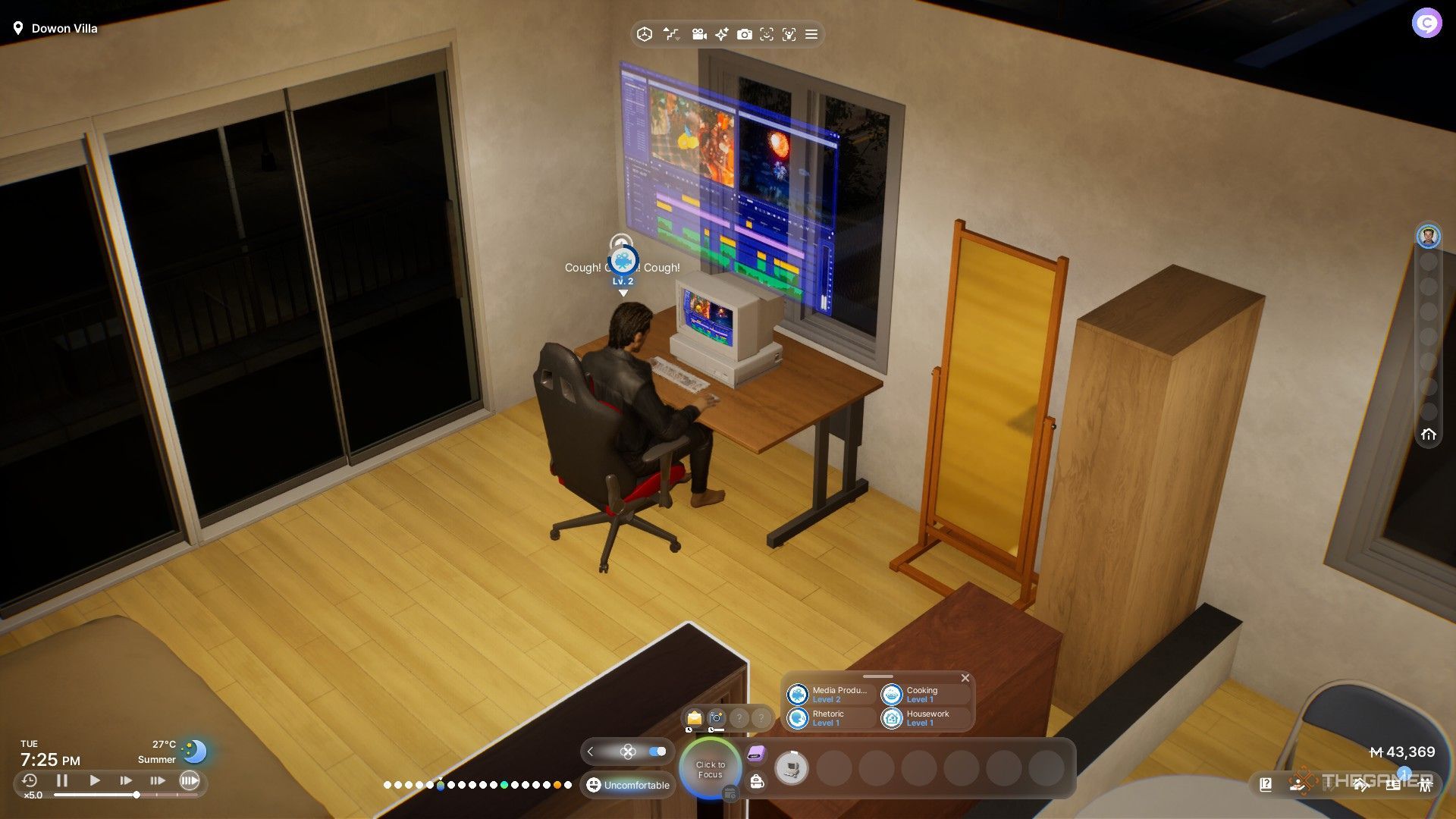 The image shows a Zoi using the computer to edit a video in InZoi.