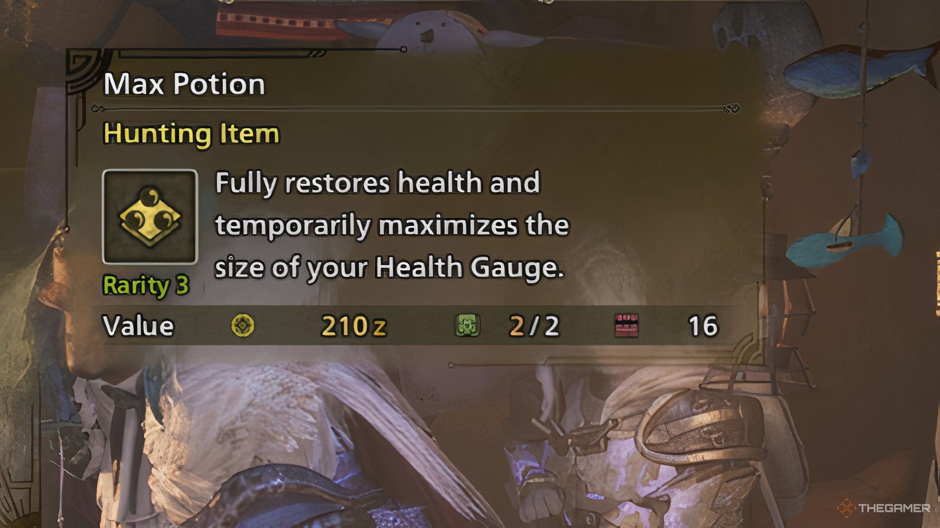 The image shows the description of the Max Potion in Monster Hunter Wilds.