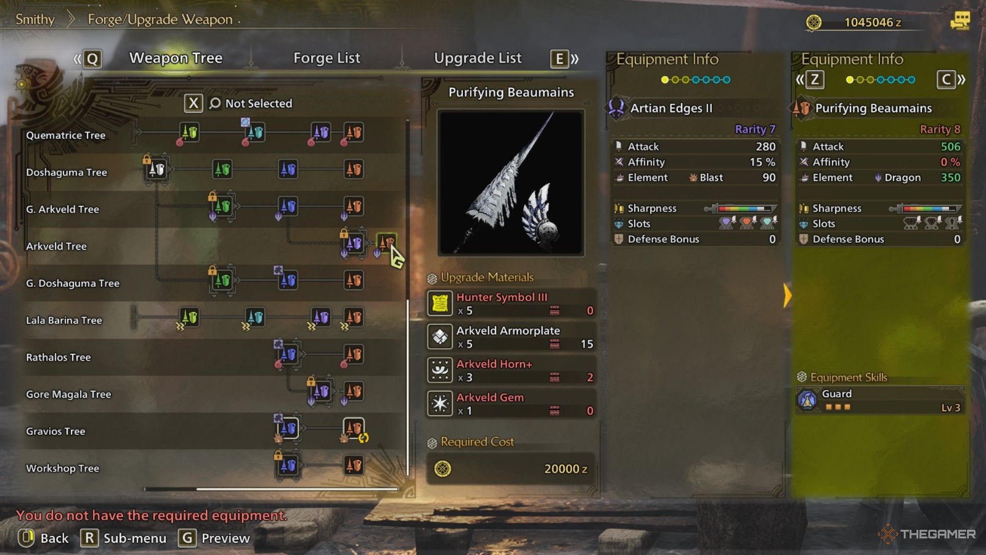 The image shows the Purifying Beaumains from the Smithy&rsquo;s Forge Menu in Monster Hunter Wilds.