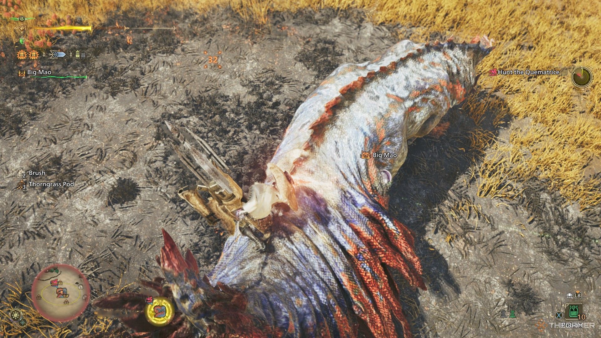 The image shows the Hunter using the Gunlance to destroy a wound on a Quematrice in Monster Hunter Wilds.