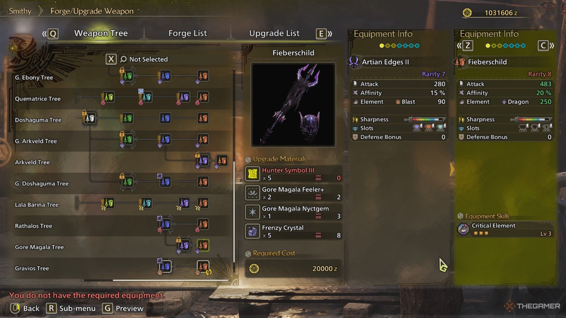The image shows the Fieberschild from the Smithy&rsquo;s Forge Menu in Monster Hunter Wilds.