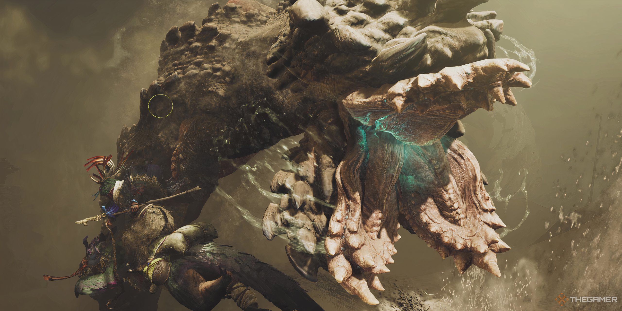 A Balahara monster attacking from the sand in Monster Hunter Wilds.