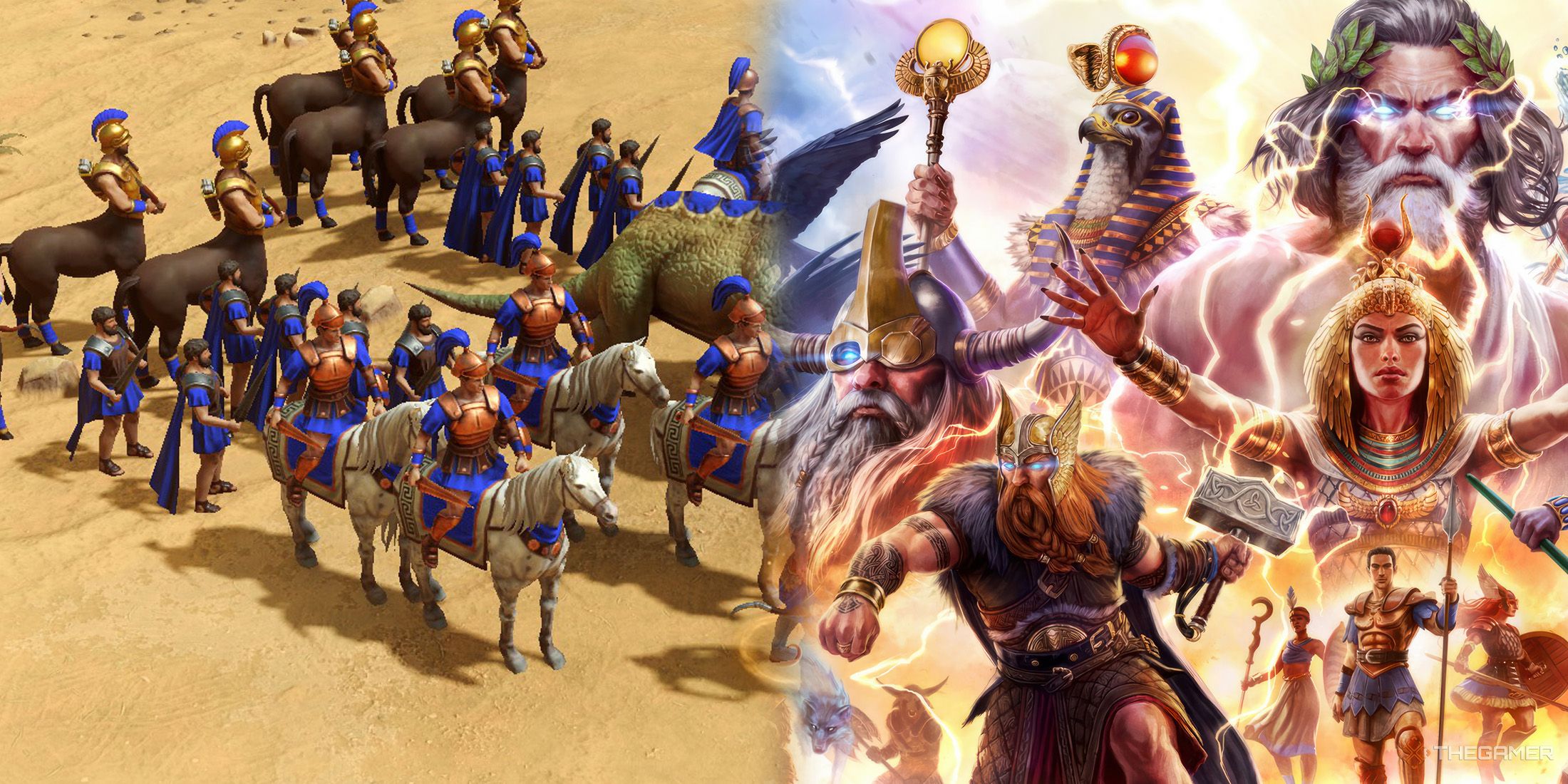 A blue players army wich includes Centaurs and cavalry on left side and some major gods on the right side in Age of Mythology - Retold