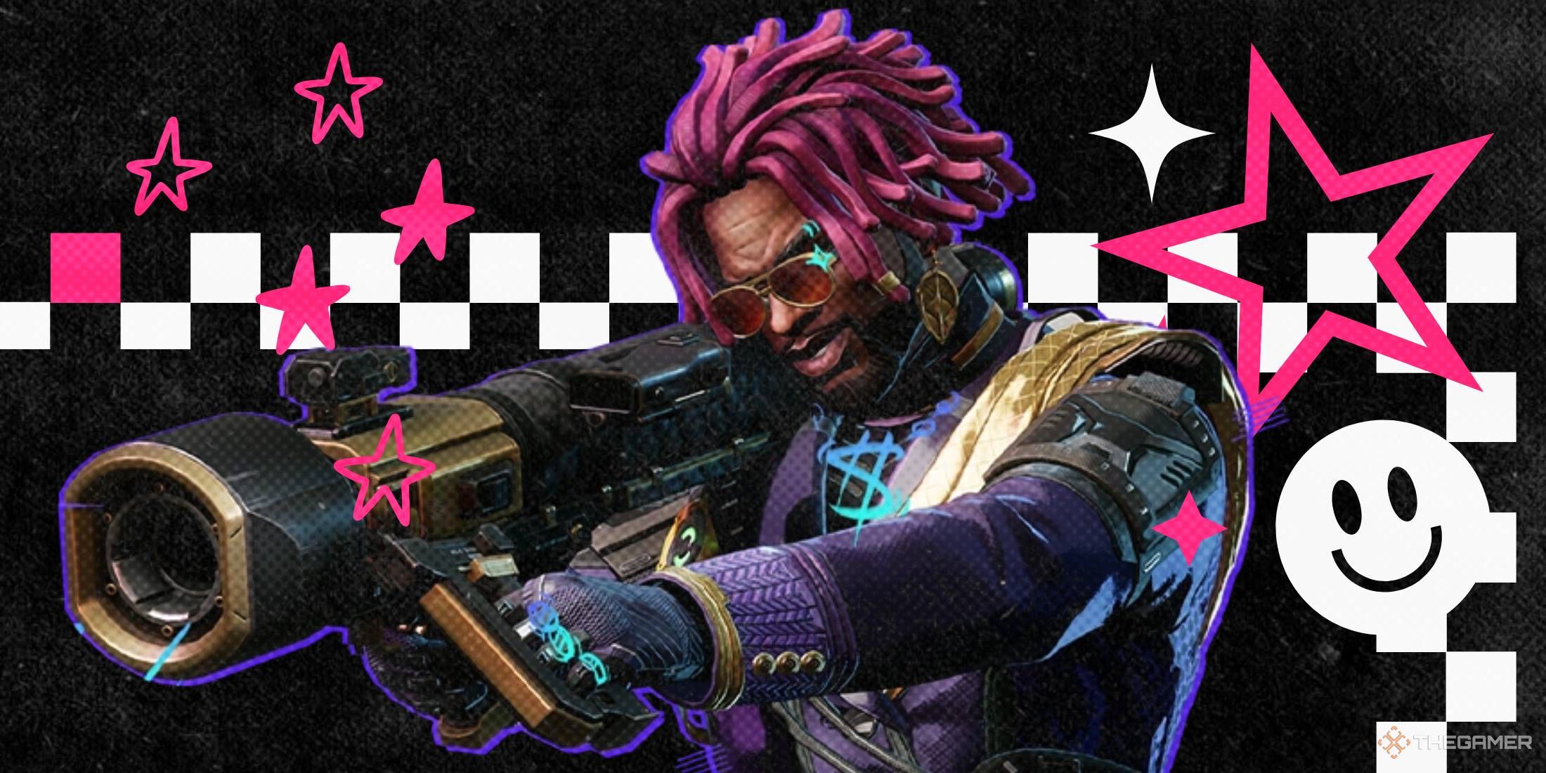 A character of Faripnik, which holds a gun surrounded by emo iconography.
