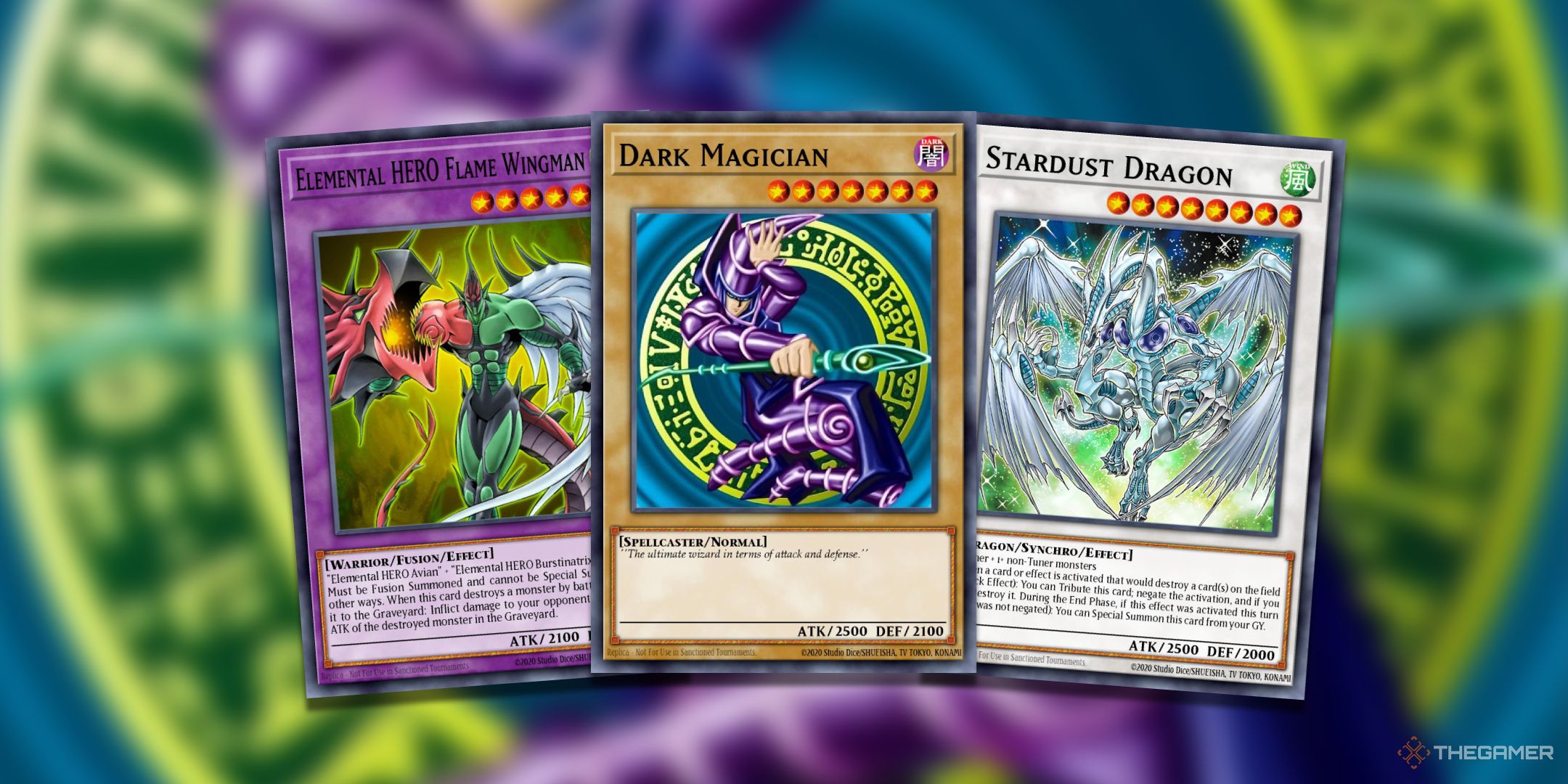 A Collegiate If Signature U-G-Oh! TCG cards of mobile phones like Dark Wizards, Stardist Dragon, and Element Heroes Flame Wingman.