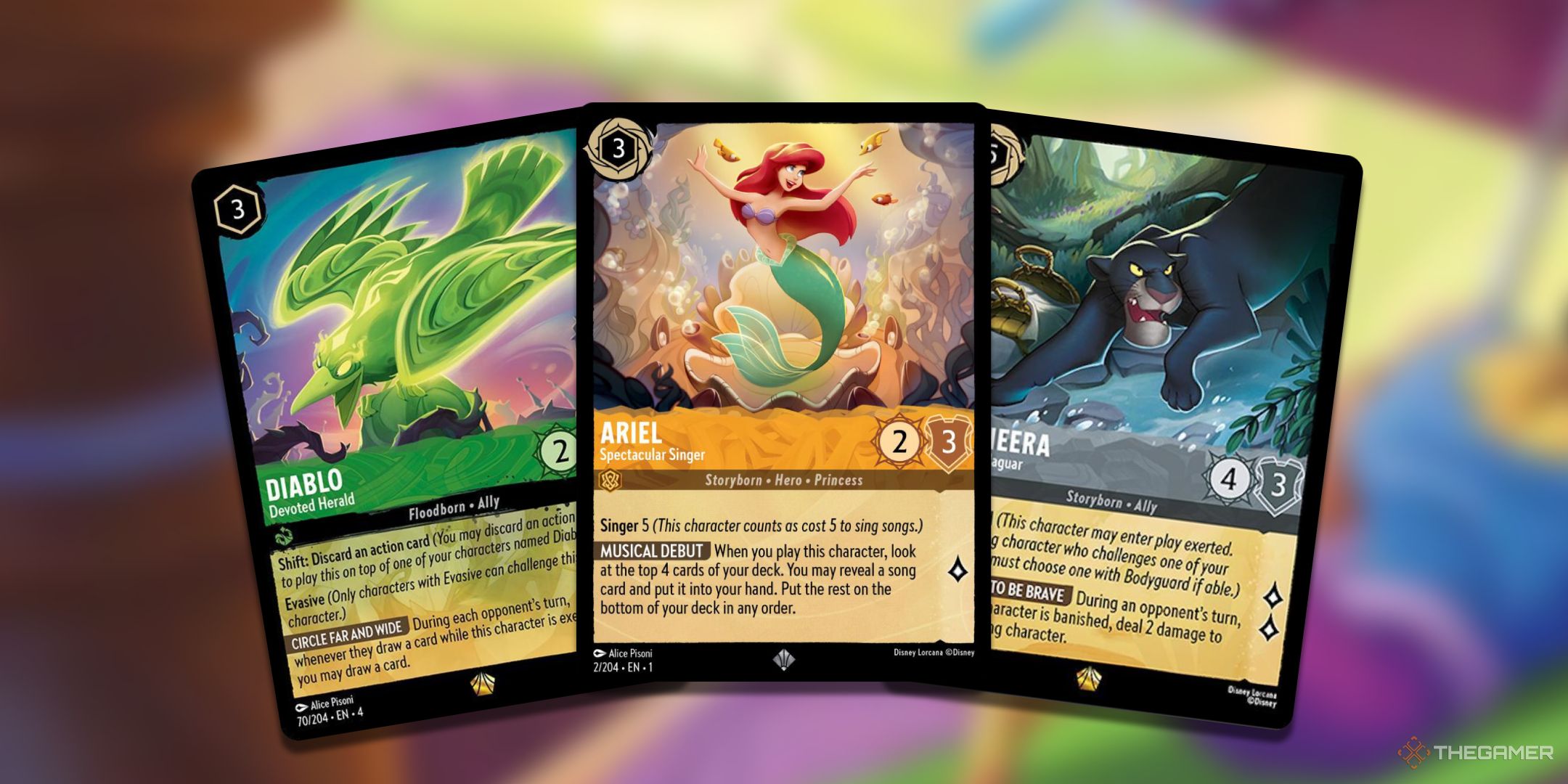 A collage of Disney Lorcana Cards that have keywords such as Singer, Shift, Evasive, and Bodyguard.