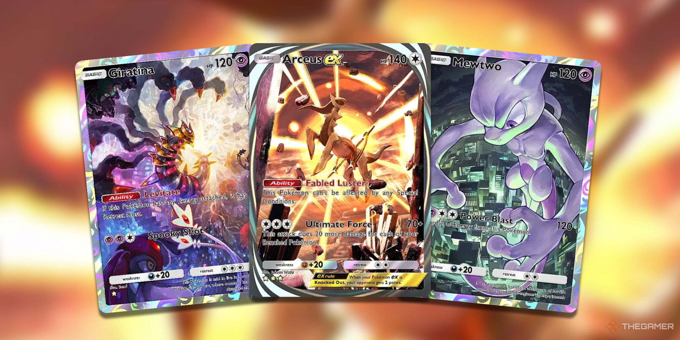 A collage of legendary Pokemon cards from Pokemon TCG Pocket including Arceus, Mewtwo, and Giratina.